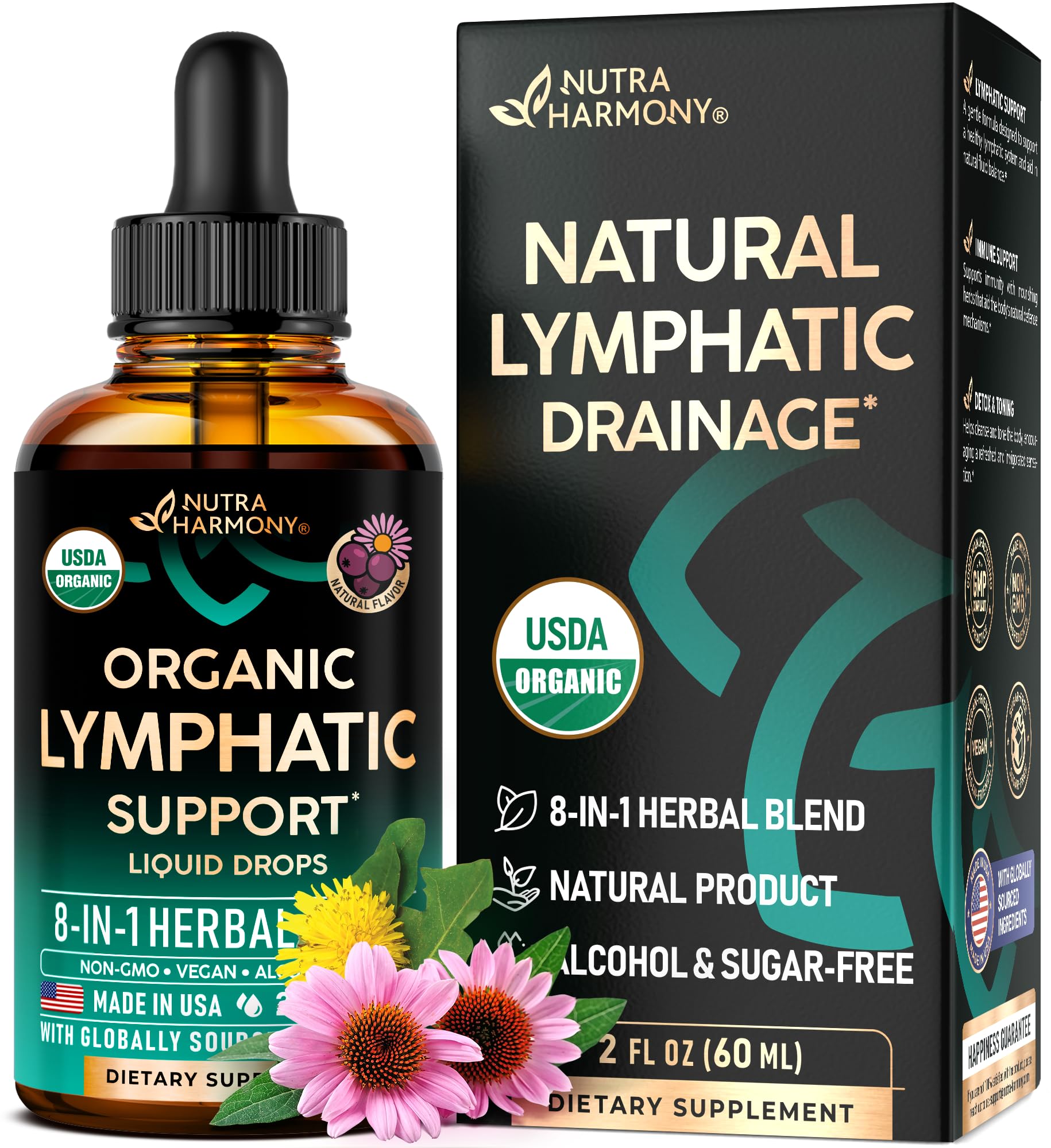 USDA Organic Lymphatic Drainage Supplement - Echinacea | Elderberry | Dandelion | Rosehip | Cleavers | Calendula | Burdock - Made in USA - Lymph System Drops - Immune Support, Cleanse & Detox, 2 fl oz