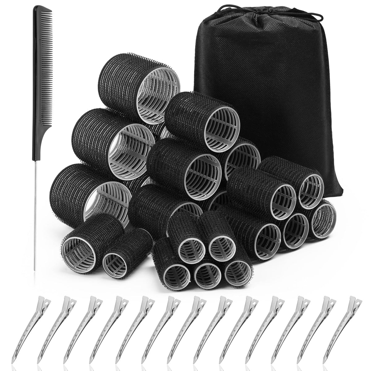 Hair Rollers for Blowout Look Long Hair, Rollers Hair Curlers 38 Pcs Self Grip Hair Rollers Set with 24Pcs Hair Rollers 4 Sizes and 12 Pcs Hair Clips, Comb and Storage Bag for Hair Volume (Black)
