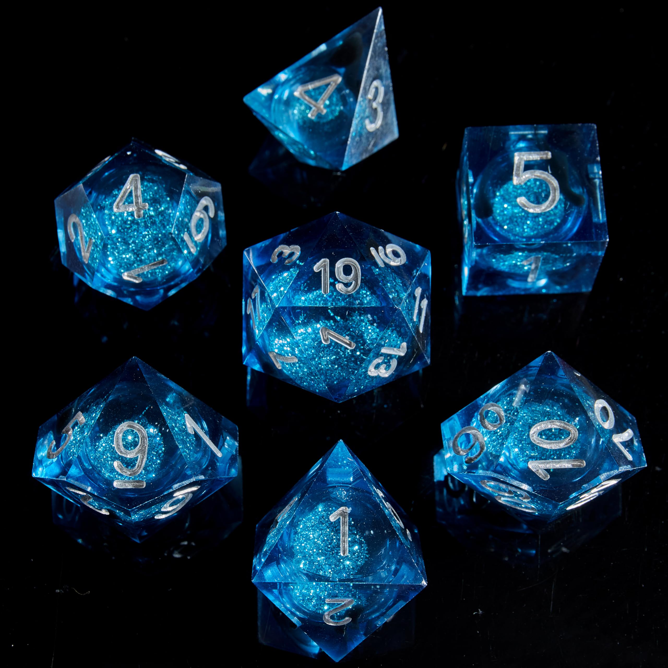 Fugacity DND Dice Set, Liquid Core Handmade Sharp Edge 7 Piece Resin Dice-Dungeons and Dragons Polyhedral Dice Set, D&D Dice Set with Gift Dice Case for RPG MTG Table Games(Blue Sand & Silver)