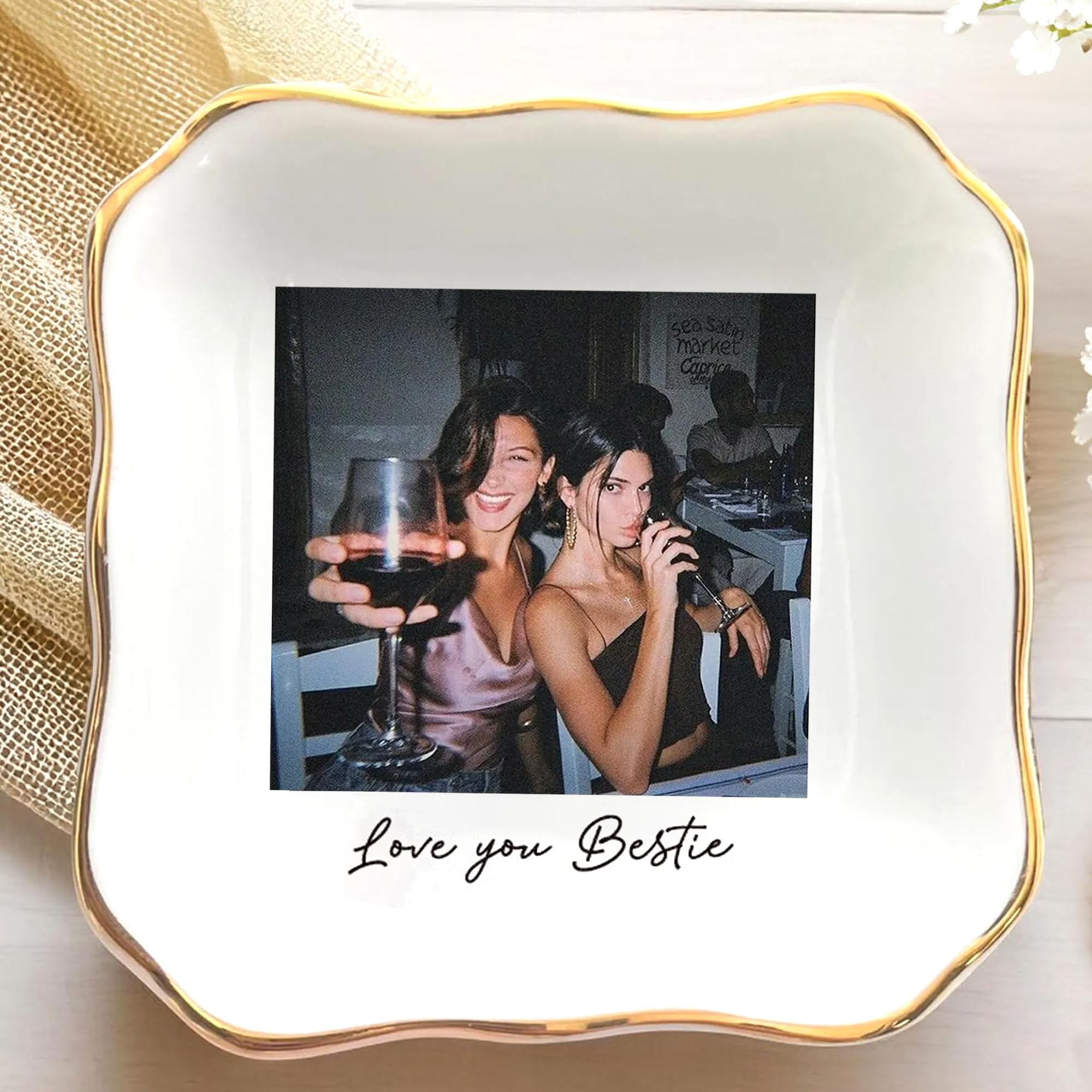 Hugsly Personalized Besties Photo Ring Dish, Custom Jewelry Dish Gift for Besties, Soul Sister Trinket Gift for Long Distance Friendship Women BFF Anniversary Birthday Wedding Gifts 1
