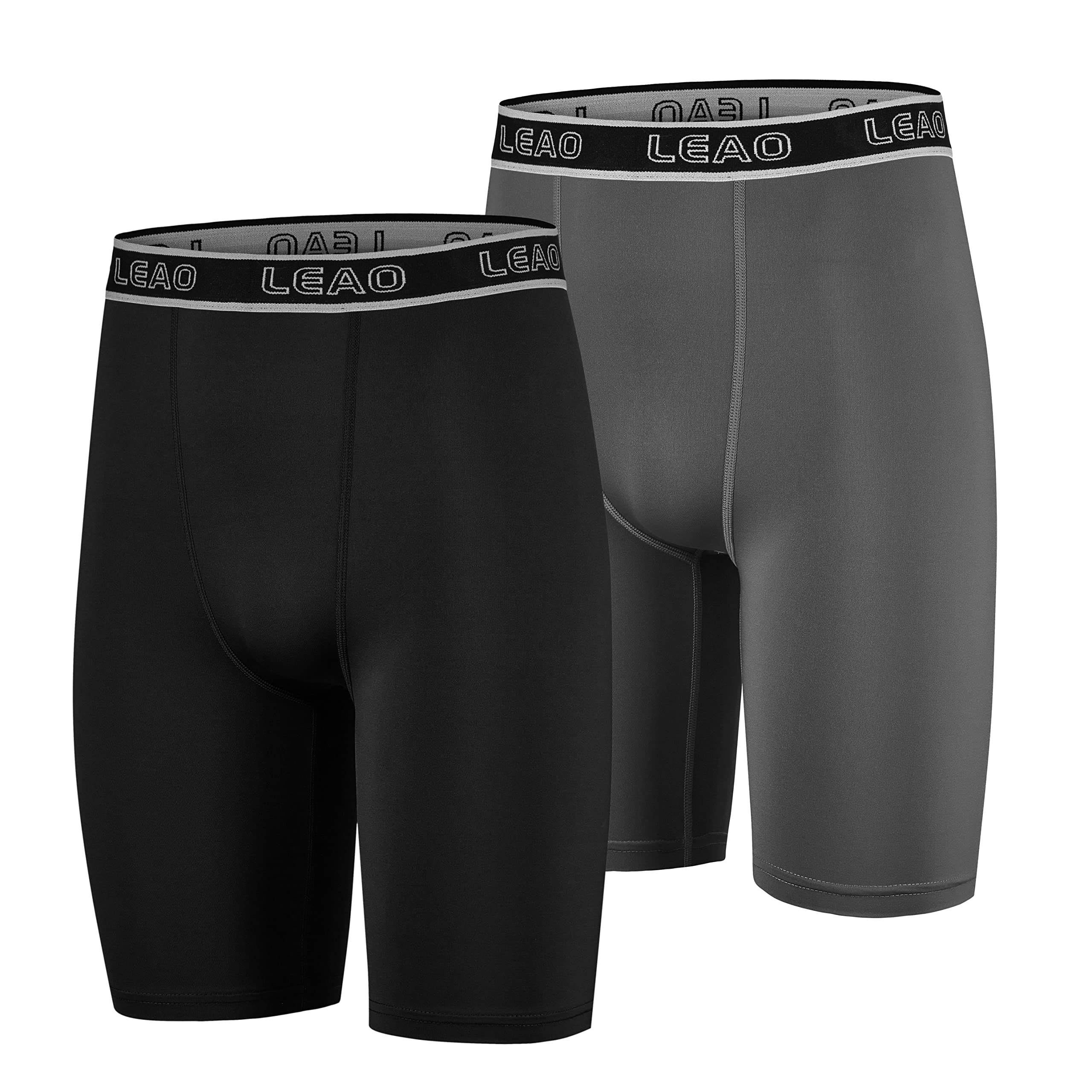 LEAO Youth Boys Compression Shorts 2-pack Performance Athletic Underwear Sports Boxer Briefs Black/Gray L