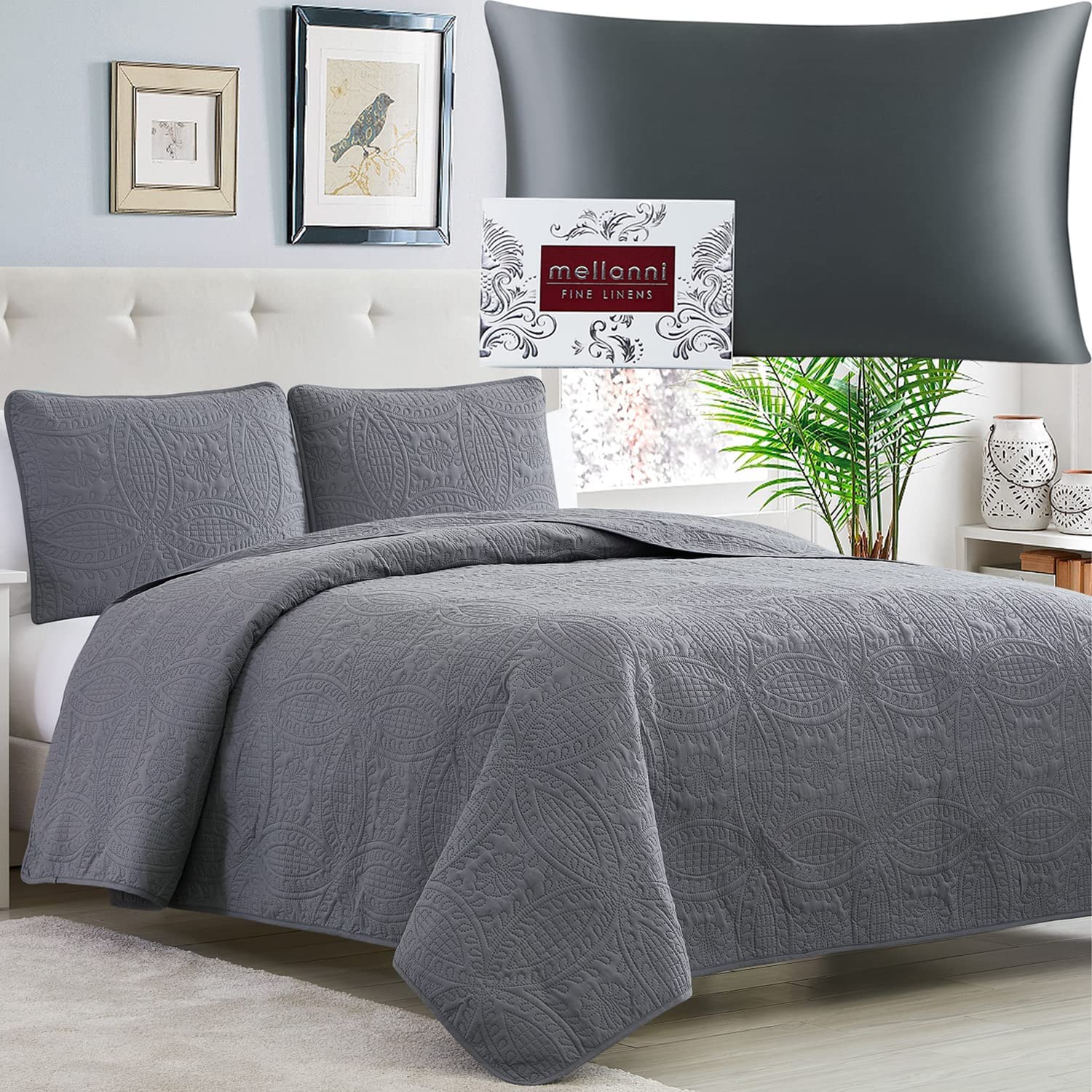 Mellanni Bedspread Coverlet Set + Silk Pillowcase Bundle&Save - Bundle Includes: 3 Piece Quilt Set and 1 Mulberry Silk Pillowcase (King, Gray & Dark Gray)