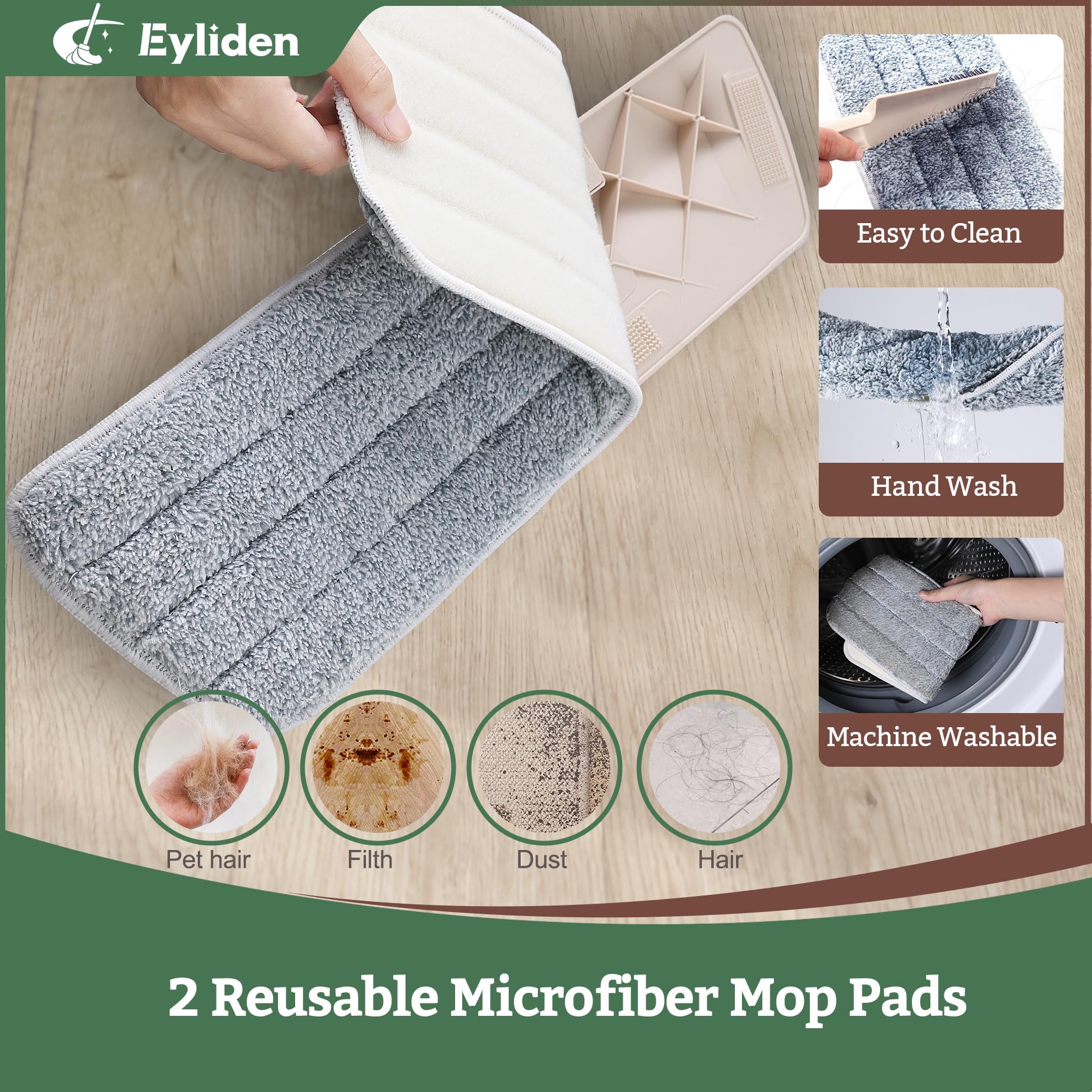 Eyliden Wet and Dry Spray Mop - 360° Rotating Head, 22 oz Refillable Bottle, 2 Washable Microfiber Pads, Ergonomic Handle - Floor Mop with Spray for Hardwood, Tile, and Laminate Floors (Brown)
