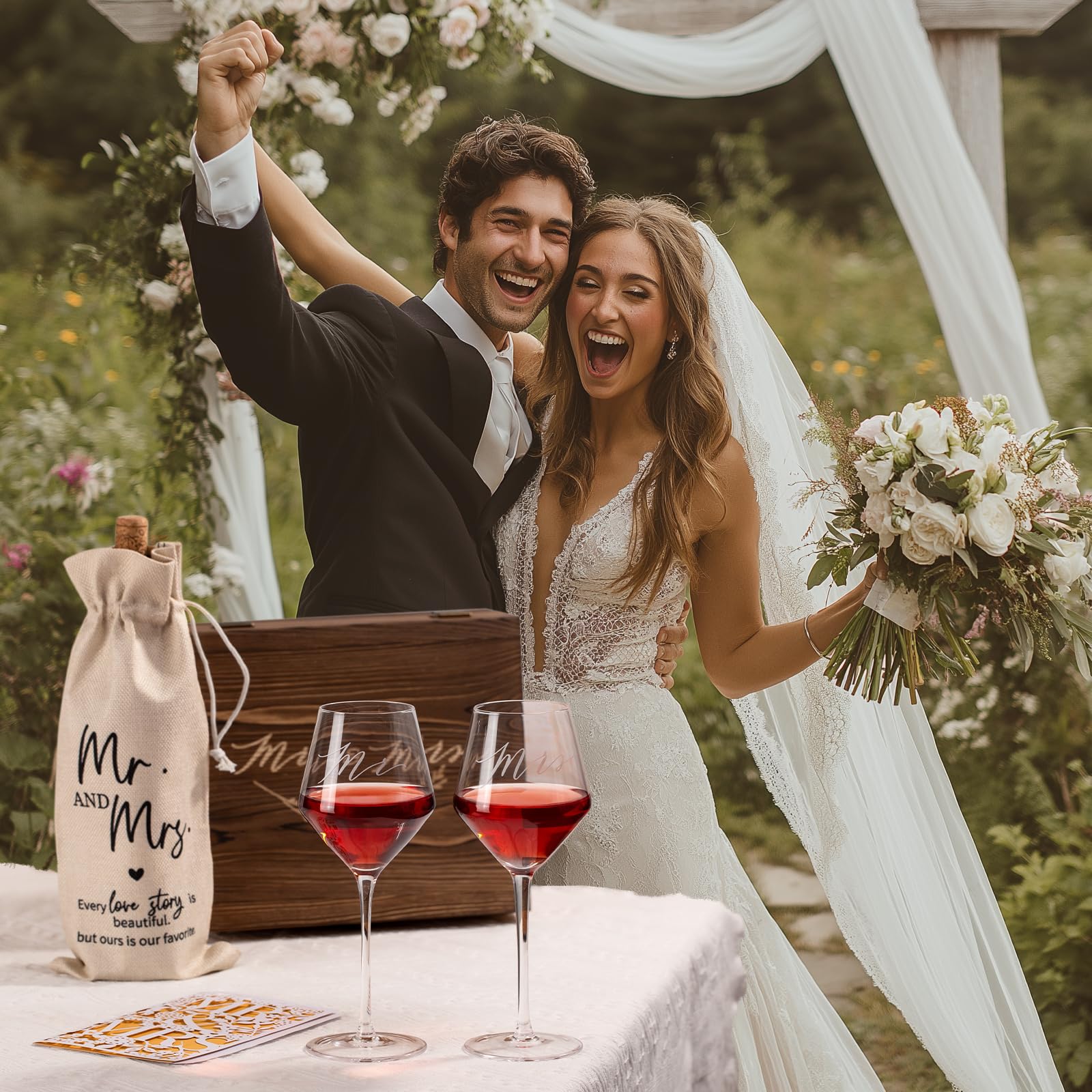 SIPBYSOP Wedding Gifts Mr and Mrs Wine Glasses, Bridal Shower Engagement Gifts for Couples,Wedding Glasses for Bride and Groom, Memory Keepsake Box, Wine Bag, Greeting Card