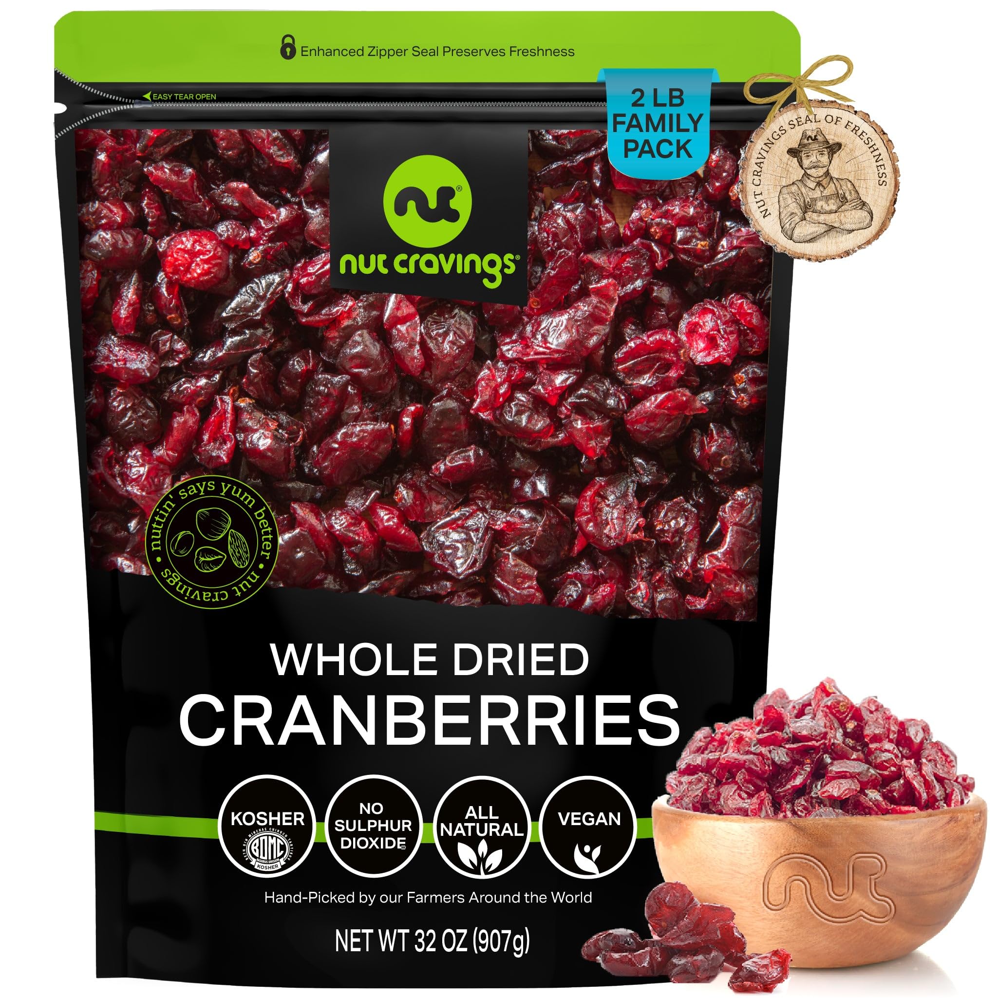 NUT CRAVINGS Dry Fruits - Sun Dried Whole Cranberries, Lightly Sweetened (32oz - 2 LB) Packed Fresh in Resealable Bag - Sweet Snack, Healthy Food, All Natural, Vegan, Kosher Certified