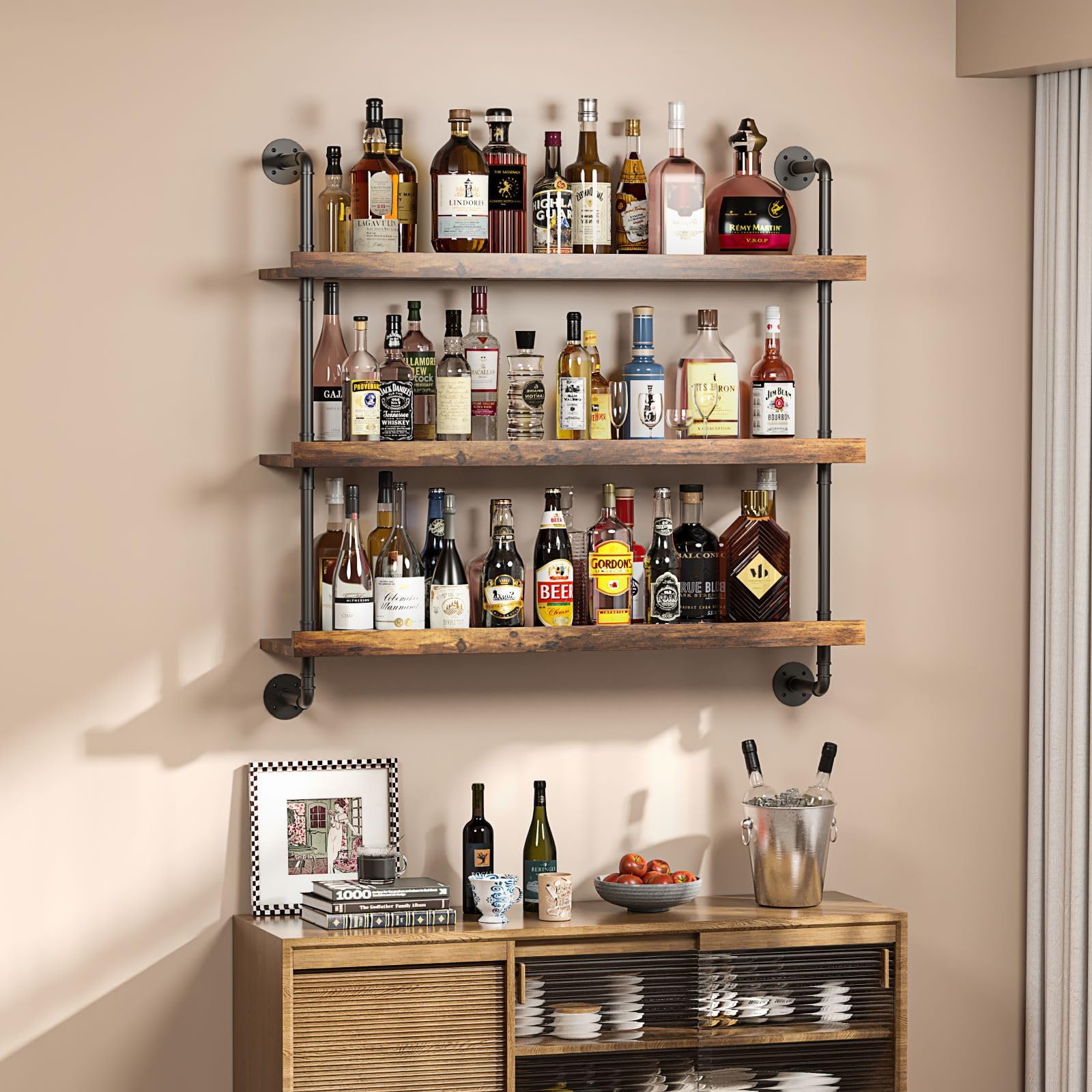 Woskar 3-Tier Wall Mounted Wine Rack with LED,Liquor Bottles Floating Shelves Display Storage Organizer for Home Bar Dining Room Kitchen (31.5" W x 47.2" H x 8.6" D)