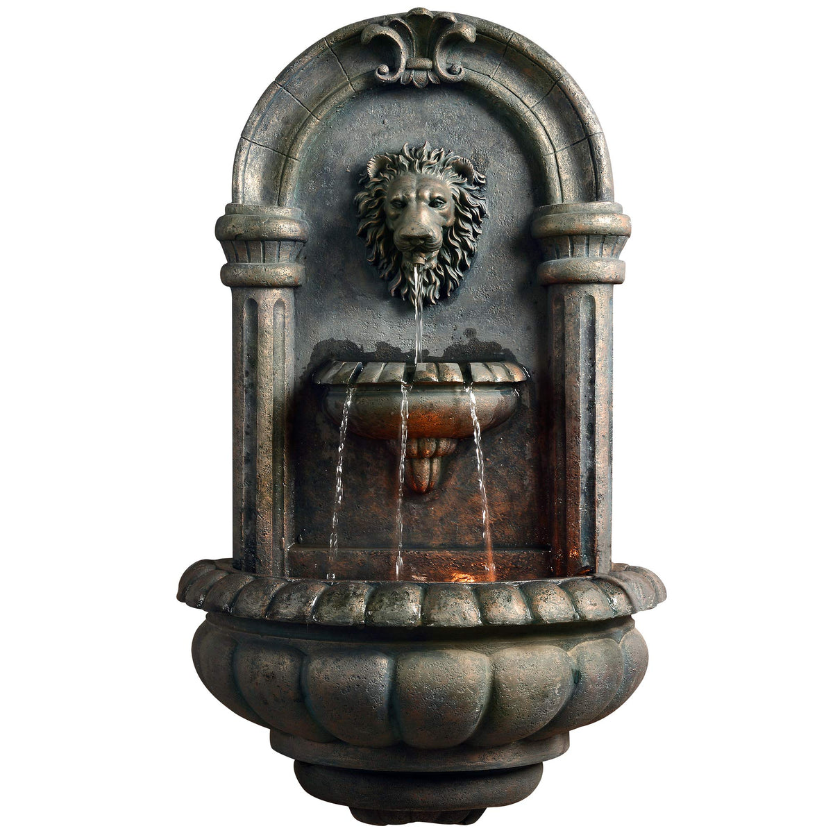 Teamson Home 32.1 in. Wall-Mounted Lion Head Stone LED Outdoor Water Fountain for Gardens, Landscaping, Patios, Balconies, Lawns to Create a Calming Oasis in Outdoor Living Spaces, Antique Bronze