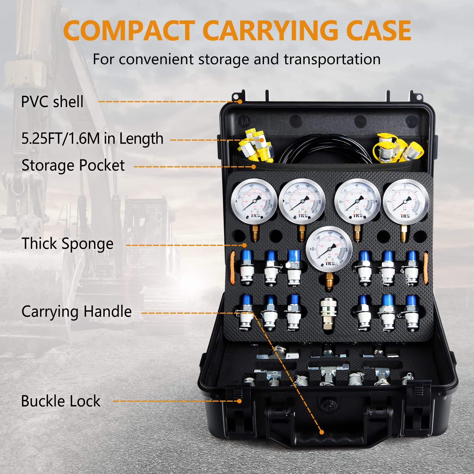 Hydraulic Pressure Test Kit,600bar /8700psi / 60mpa 5 Gauges 13 Test Couplings 14 Tee Connectors 5 Test Hoses, Hydraulic Gauge Kit Sturdy Carrying Case for Excavator Construction Machinery Ships Mine