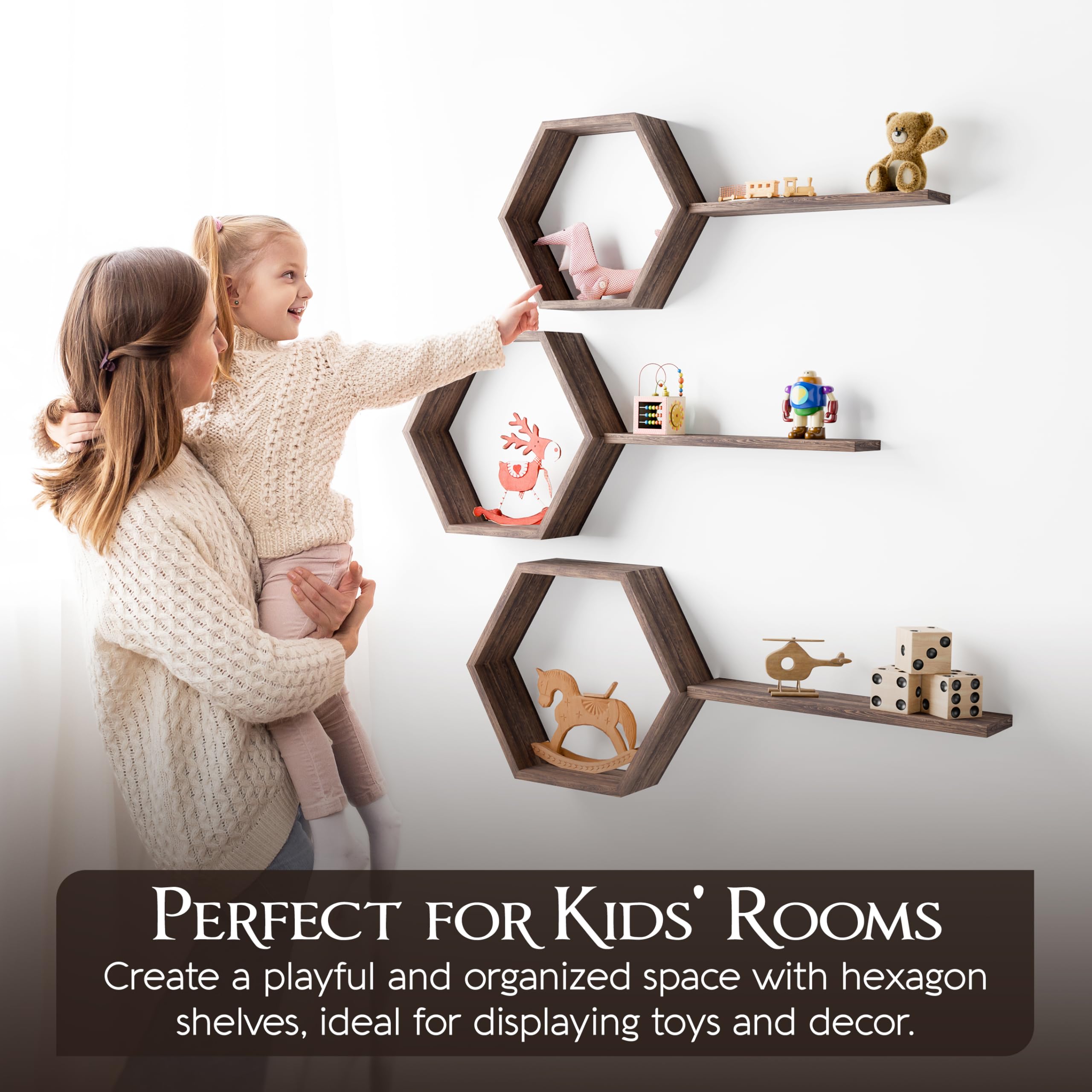 Decovate Hexagon Floating Shelves Set of 6 Honeycomb Shelves for Wall, Wooden Hexagon Shelves for Farmhouse Storage (Rustic Brown)