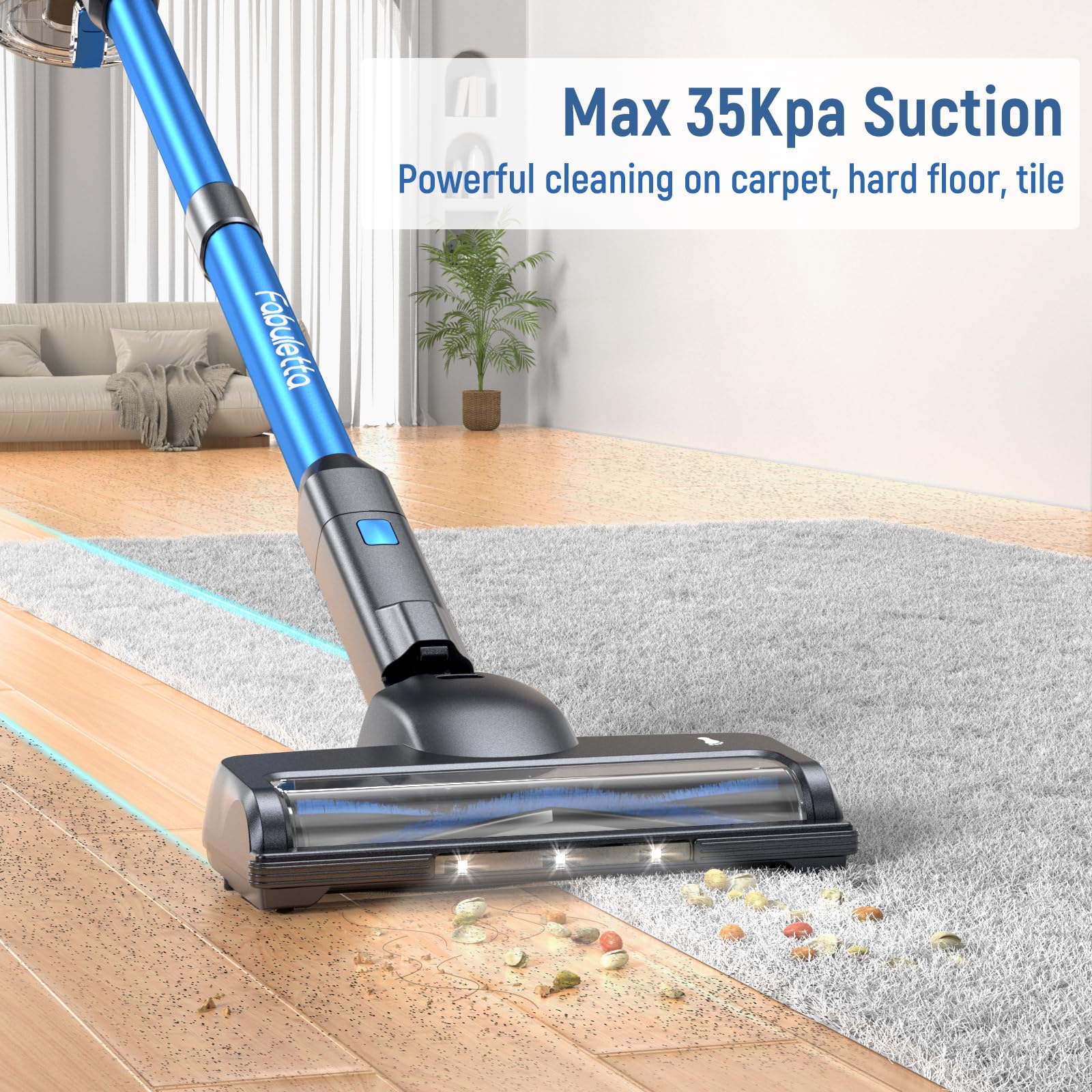 FABULETTA Cordless Vacuum Cleaner, Self-Standing Brushless Stick Vacuum for Home, 15-50Min Running Time, 5-Layer Filtration System, Anti-Tangle Brush, LED Display, Lightweight