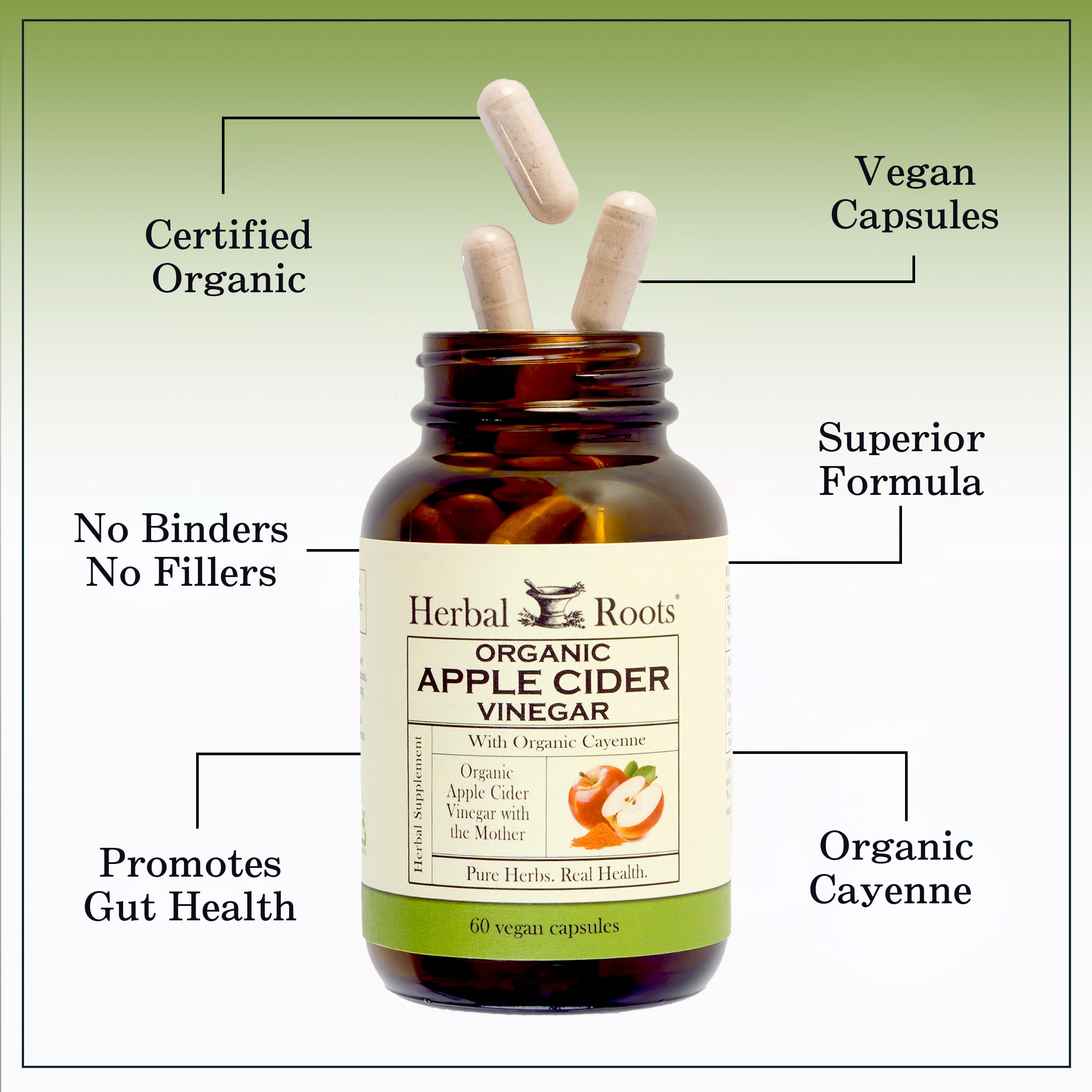 Herbal Roots Organic Apple Cider Vinegar Capsules with Mother and Organic Cayenne | 650 mg | 60 Vegan Capsules