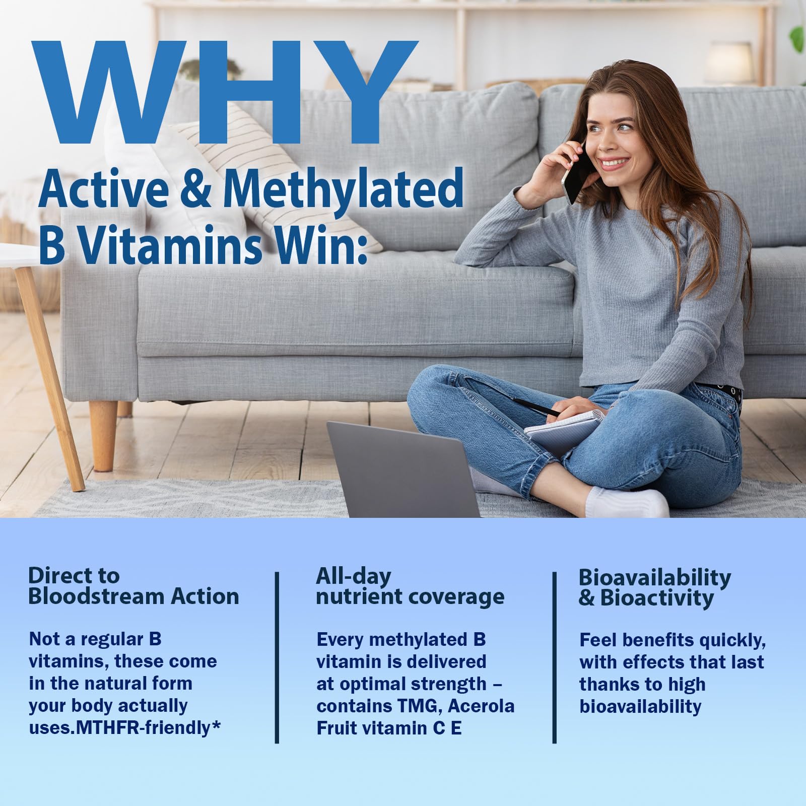 Methylated B Complex Vitamins w. L-5-MTHF Folate, Vitamins B2 B6 & B12 for Men & Women, Complete 9-in-1 Methyl B Supplement for Energy Support, Mood & Nerve Health Vegan Gluten Free Blueberry Flavor