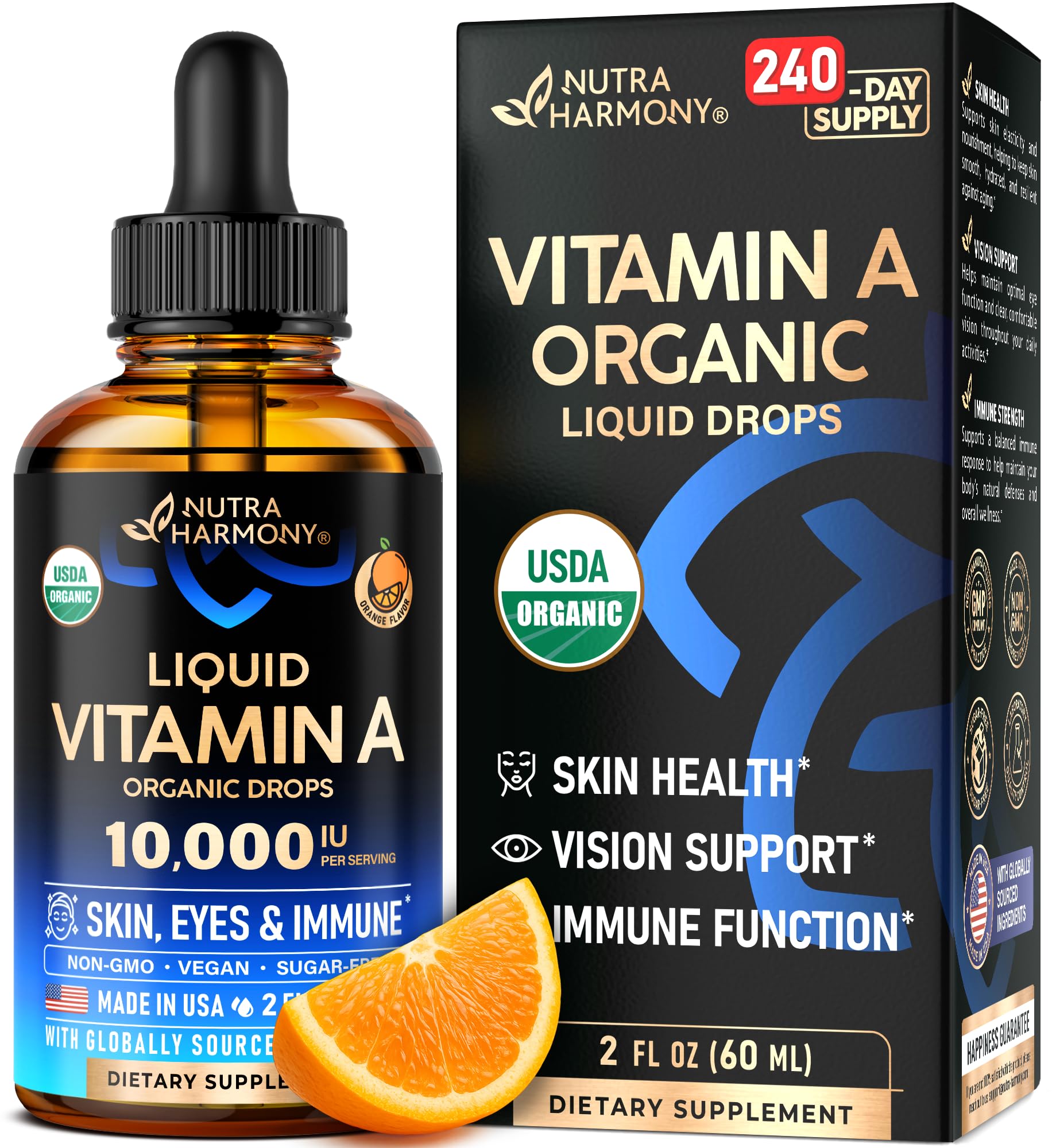 USDA Organic Vitamin A 10000 IU - Vitamin A Supplement Liquid Drops - Extra Strength for Skin Health, Eyes & Immune Support - Orange Flavour - Vegan & Sugar-free, Made in USA - 2 Fl Oz, 240-Day Supply