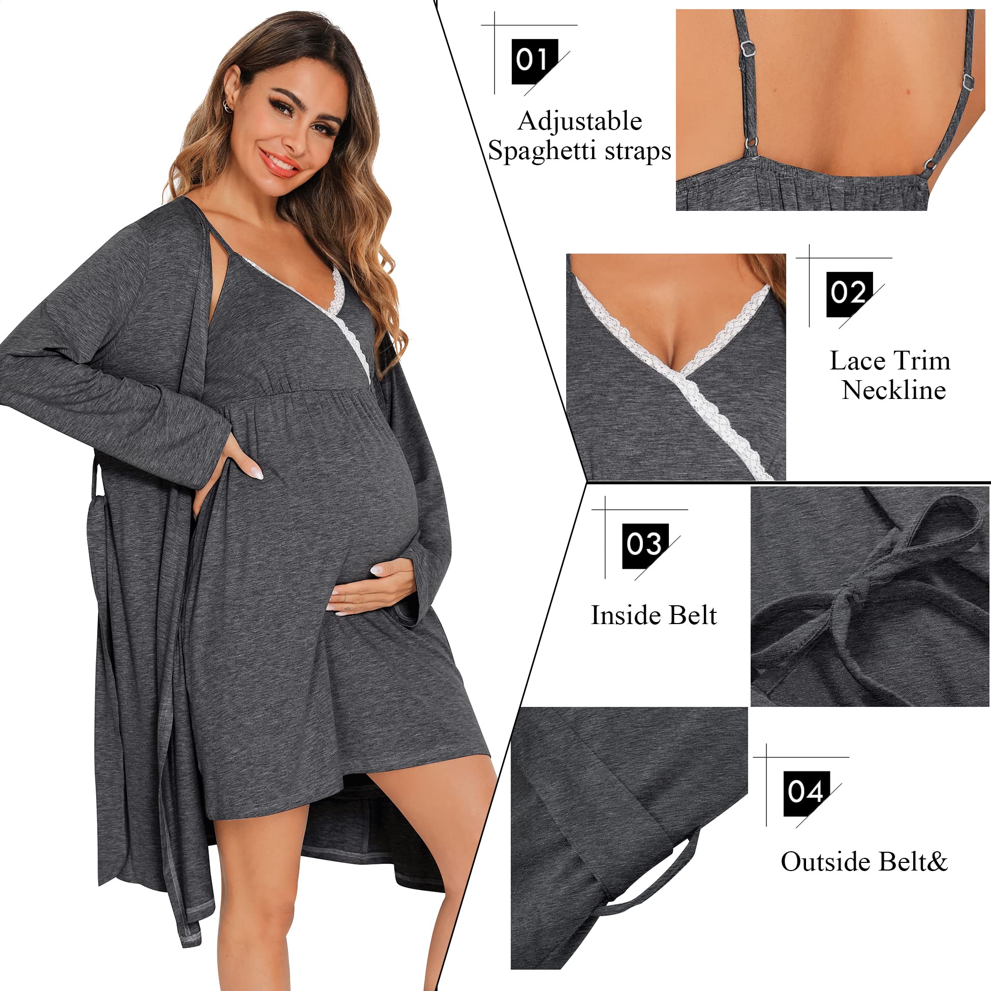 SWOMOG Womens Maternity Robe 2 Piece Nursing Nightgown for Breastfeeding 3 in 1 Labor Delivery Nursing Dress Lace Bathrobe
