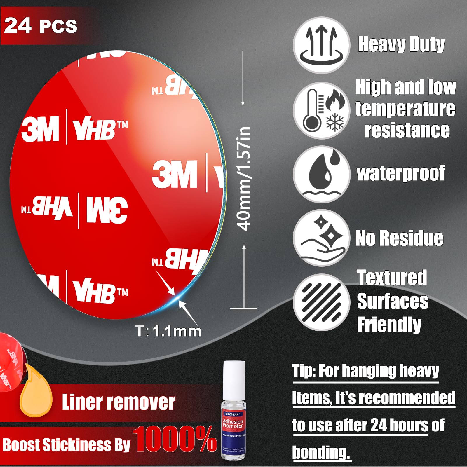 PHIXBEAR 1.57in Round Double Sided Tape Heavy Duty, Made of 3M 5952 VHB, Extreme Mounting Tape, No Residue No Damage Waterproof Heat Resistant, Suitable for Home, Car, and Outdoor Use, 24PCS