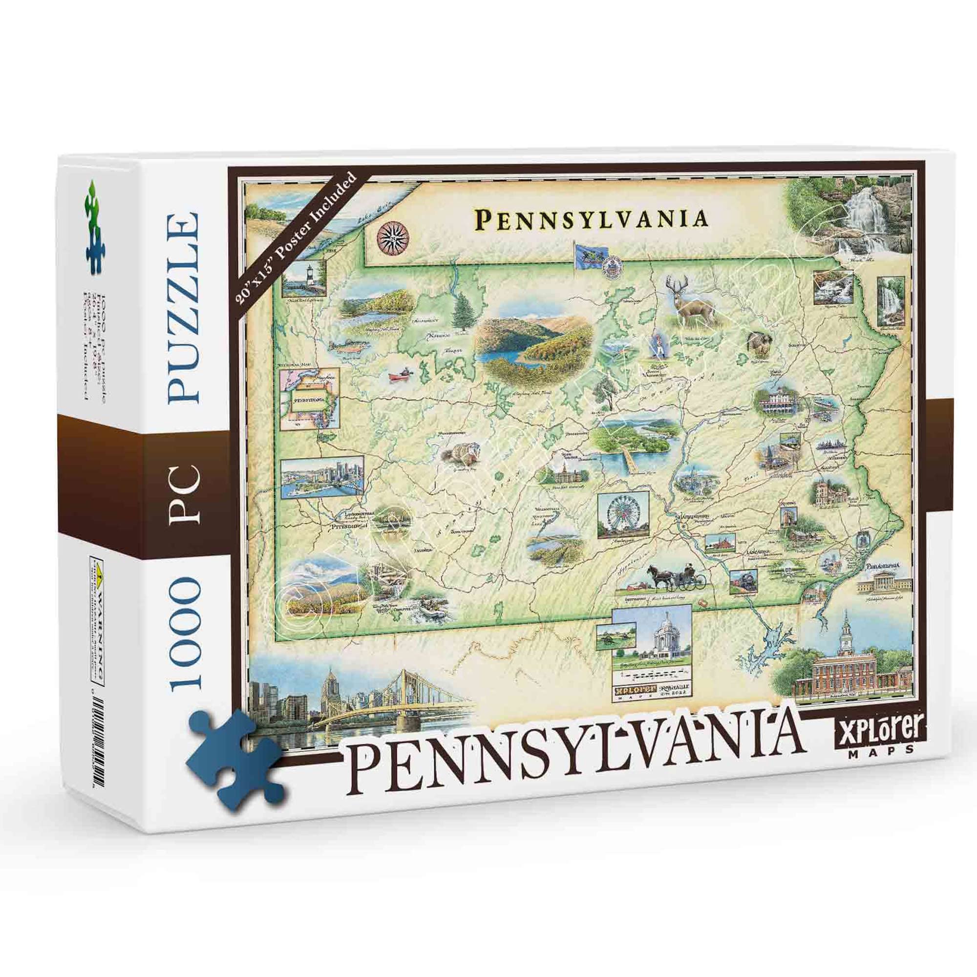 Pennsylvania State Map Cardboard Jigsaw Puzzle - 1000 Pieces, Hand-Illustrated - Educational, Family Activity, Ages 8+, Includes Poster - 25.4 x 19.8
