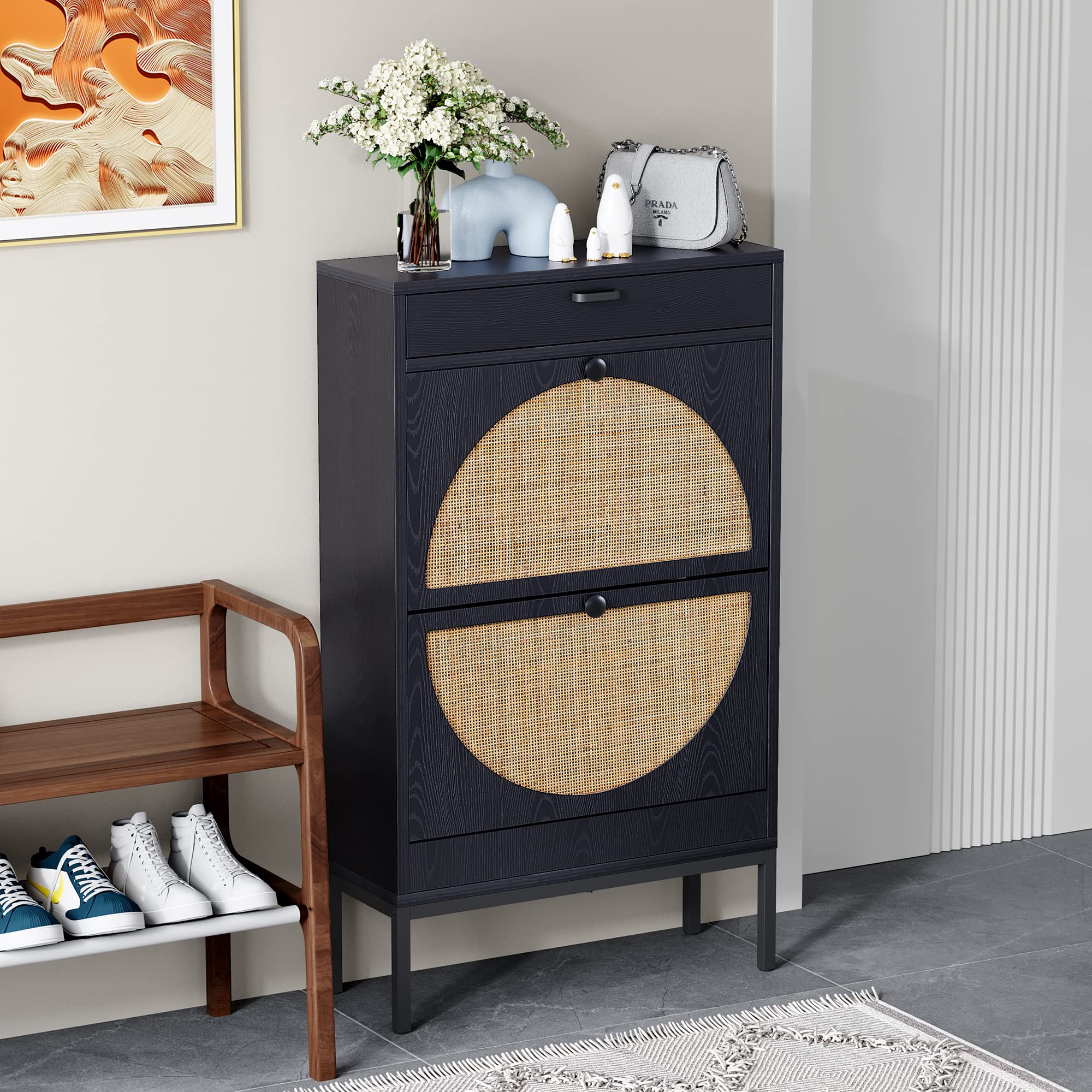 Yechen Shoe Rack Storage Organizer with 2 Natural Semi-Circular Rattan Doors, Entryway Wooden Shoe Cabinet for Sneakers, Leather Shoes, High Heels, Slippers (Black)