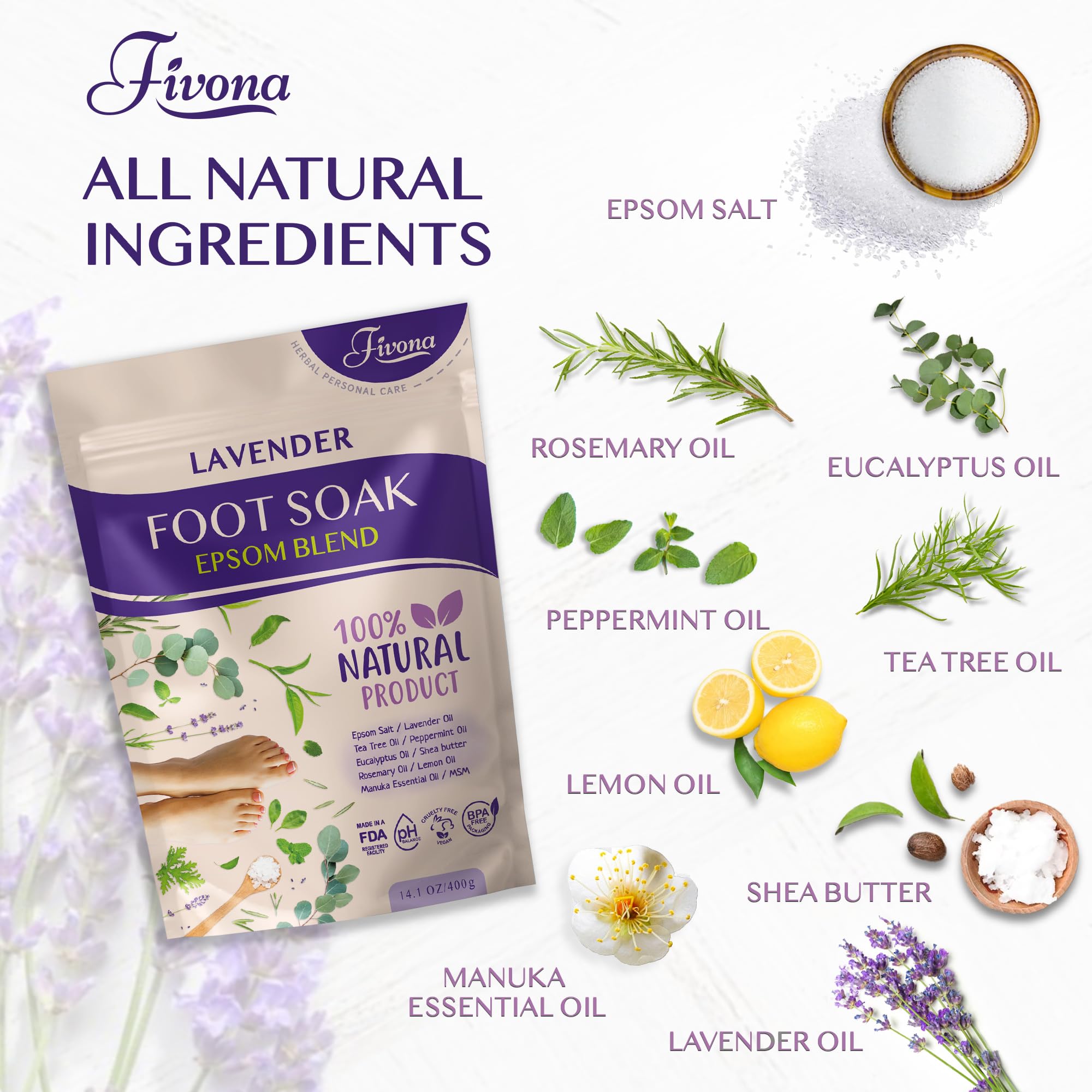 Fivona Foot Soak Blend Epsom Salt with Lavender 14.1 oz - Calming Foot Bath Salt, Relax & Renew Tired Feet, Soothe Soreness, Soften Calluses - Rejuvenating Pedicure Spa at Home