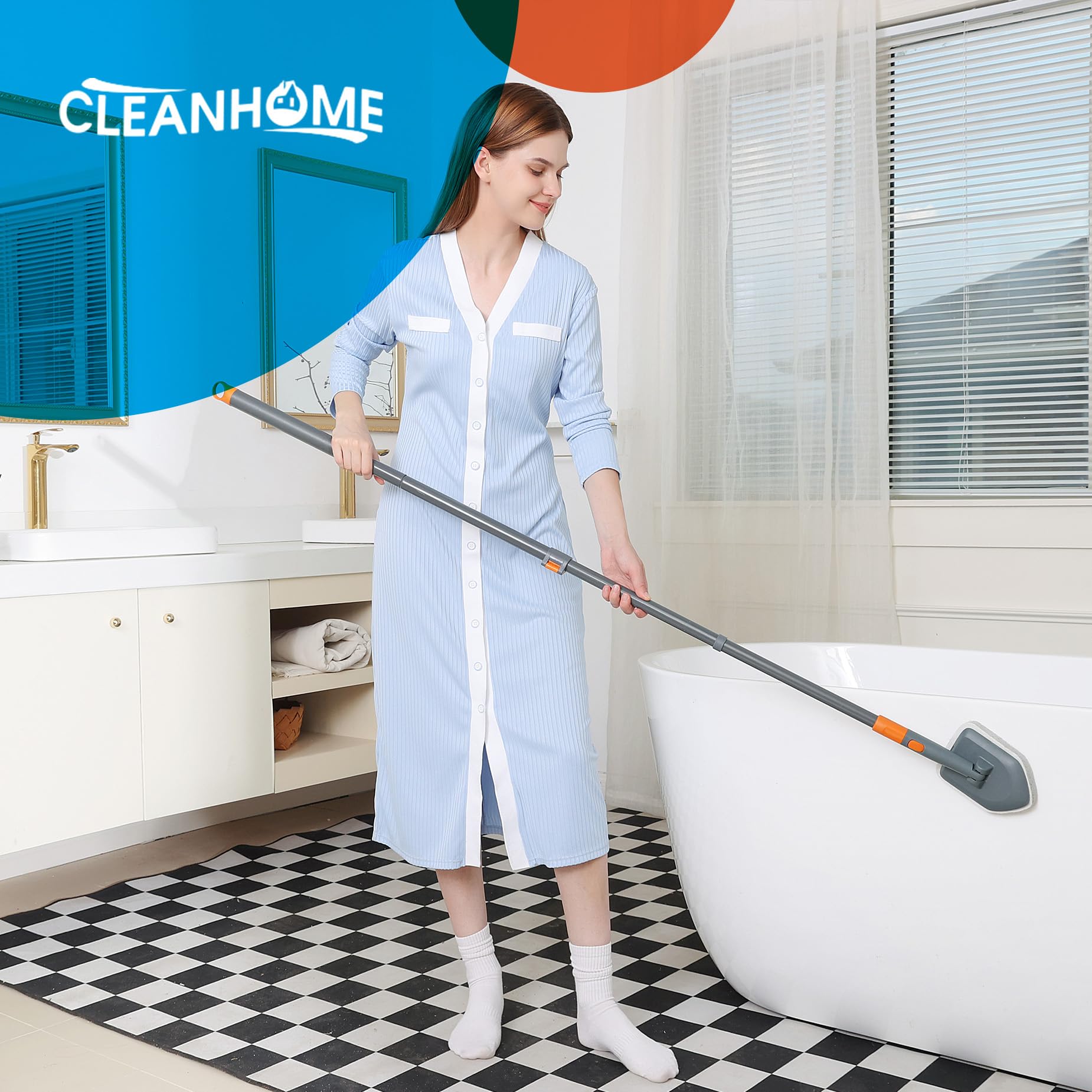 CLEANHOME Extendable Shower Scrubber,Bathroom Tub Cleaner Brush with Long Handle-56 inches,Shower Tile Floor Wall Cleaning Tools, Bathtub Brushes for Cleaning with 4 PCS Scrub Pads