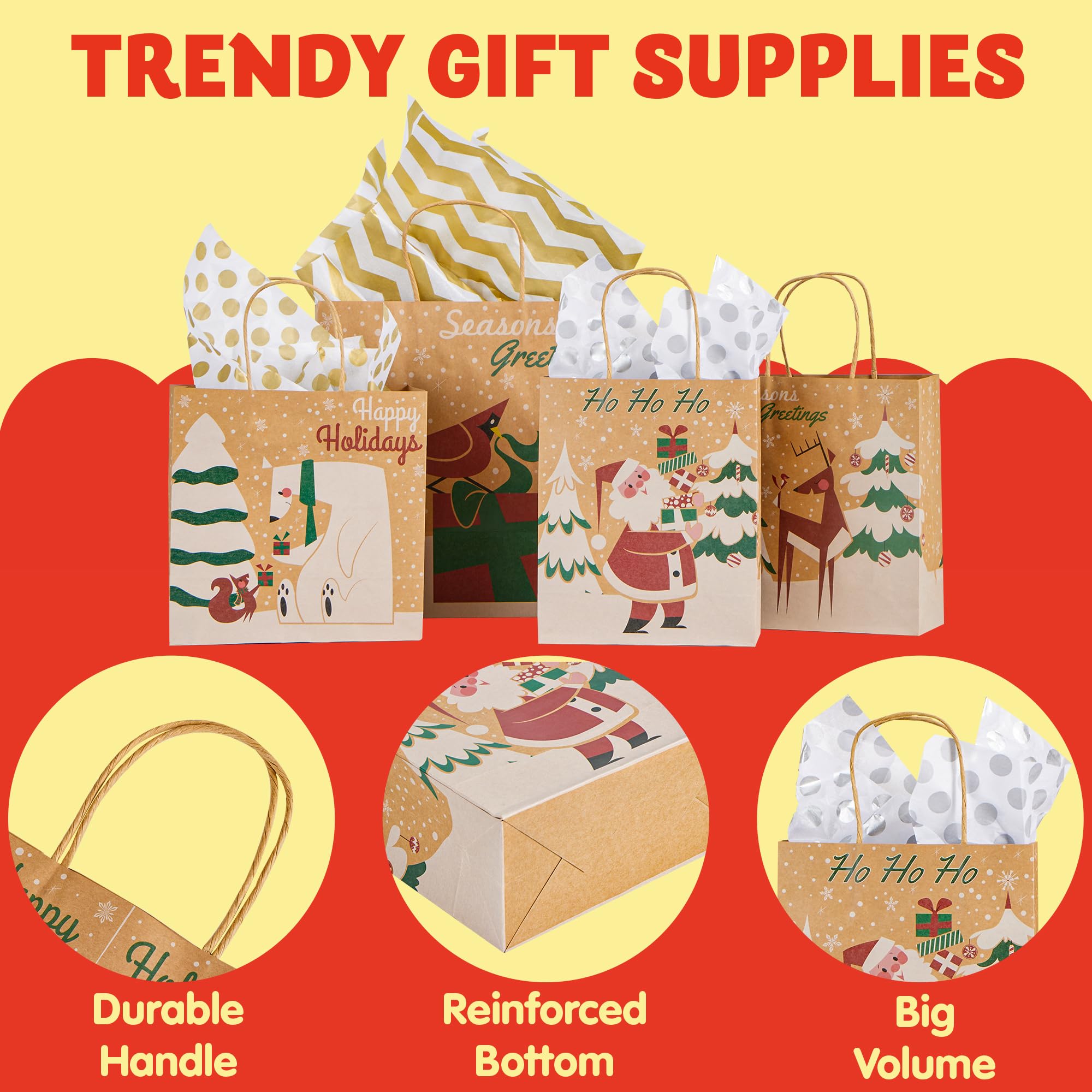 JOYIN 24 PCS Christmas Kraft Gift Bags with Assorted Christmas Prints for Kraft present Bags, Christmas Goody Bags, Xmas Gift Bags, School Classrooms and Party Favors (not included tissue paper)