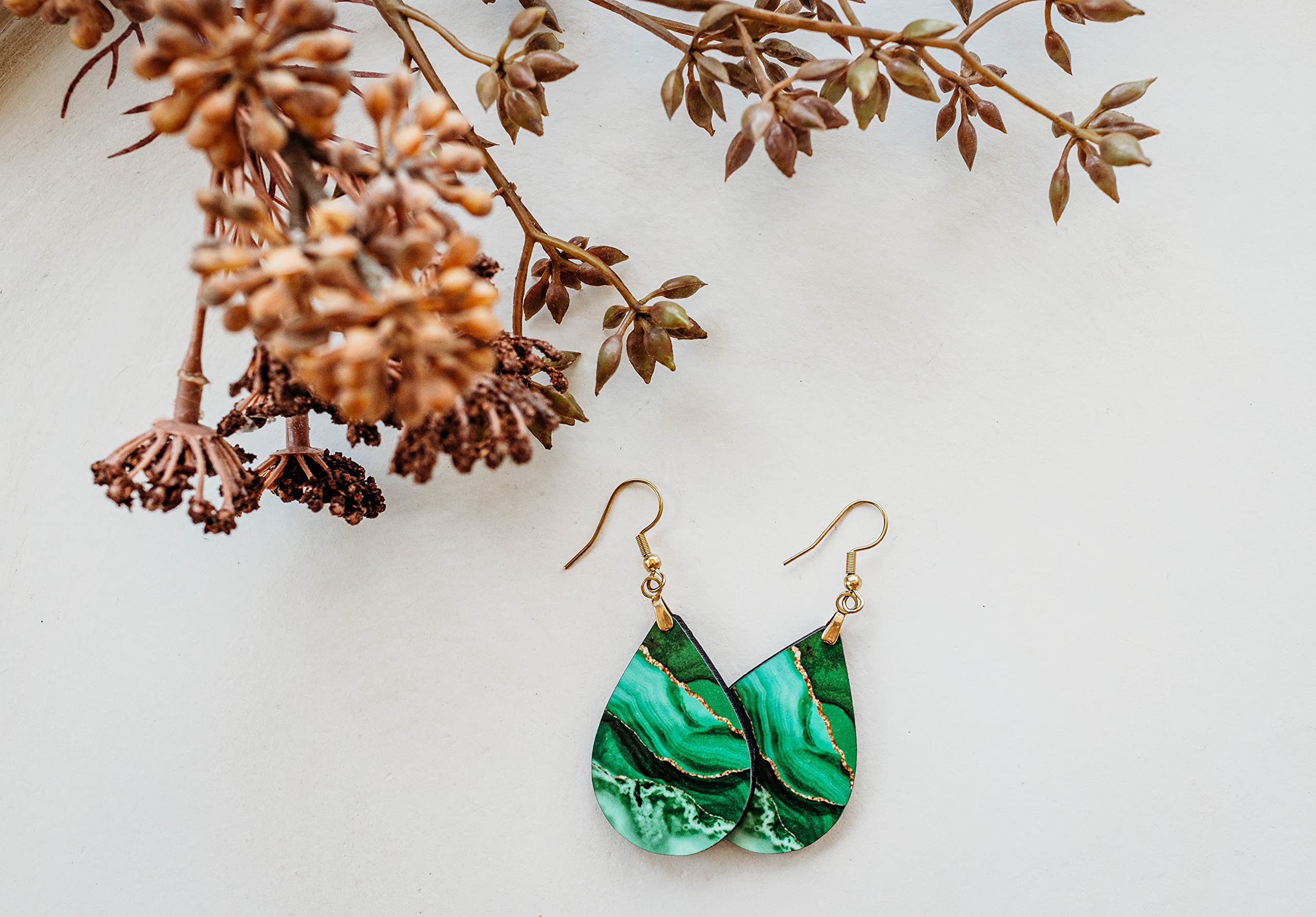 Green Earrings for Women with Gold Strands Teardrop Dangle Spring Dangling Wood Statement Jewelry MDF Kelly Lime Handmade by The Painted Pug (Large Single Pair)