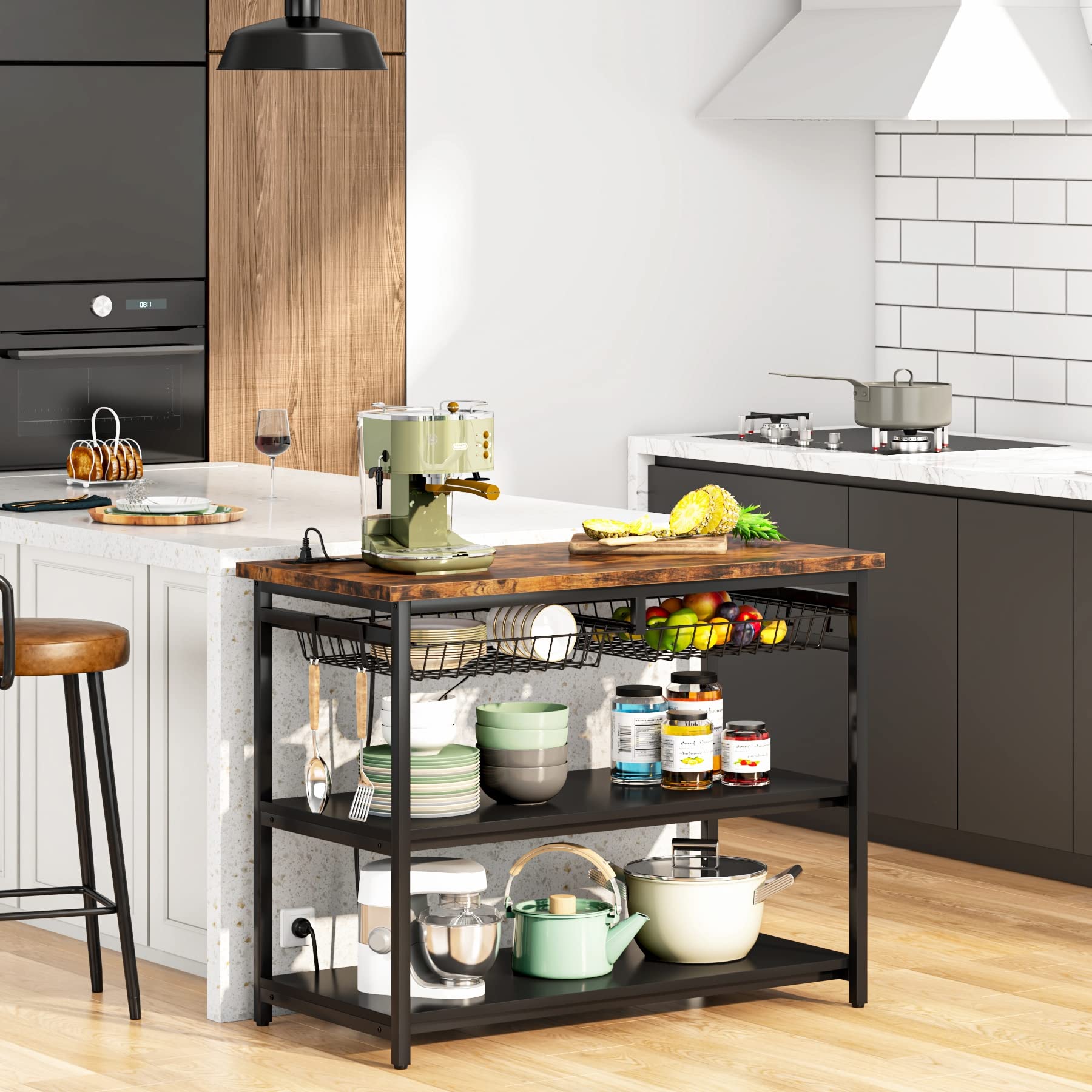 Tribesigns Kitchen Island with Storage, Industrial Island Table with Power Outlets and Wire Baskets, 3 Tier Microwave Oven Stand Butcher Block Island with Large Worktop, 4 Hooks, Rustic Brown