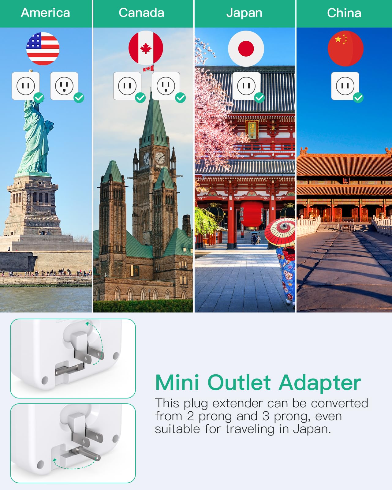 Cruise Ship Essentials, Cruise Power Strip with Foldable Plug, Travel Essentials with USB C, Outlet Extender No Surge Protector, Multi Plug Wall Outlet with 3 Outlets,Outlet Adapter Japan Plug Adapter