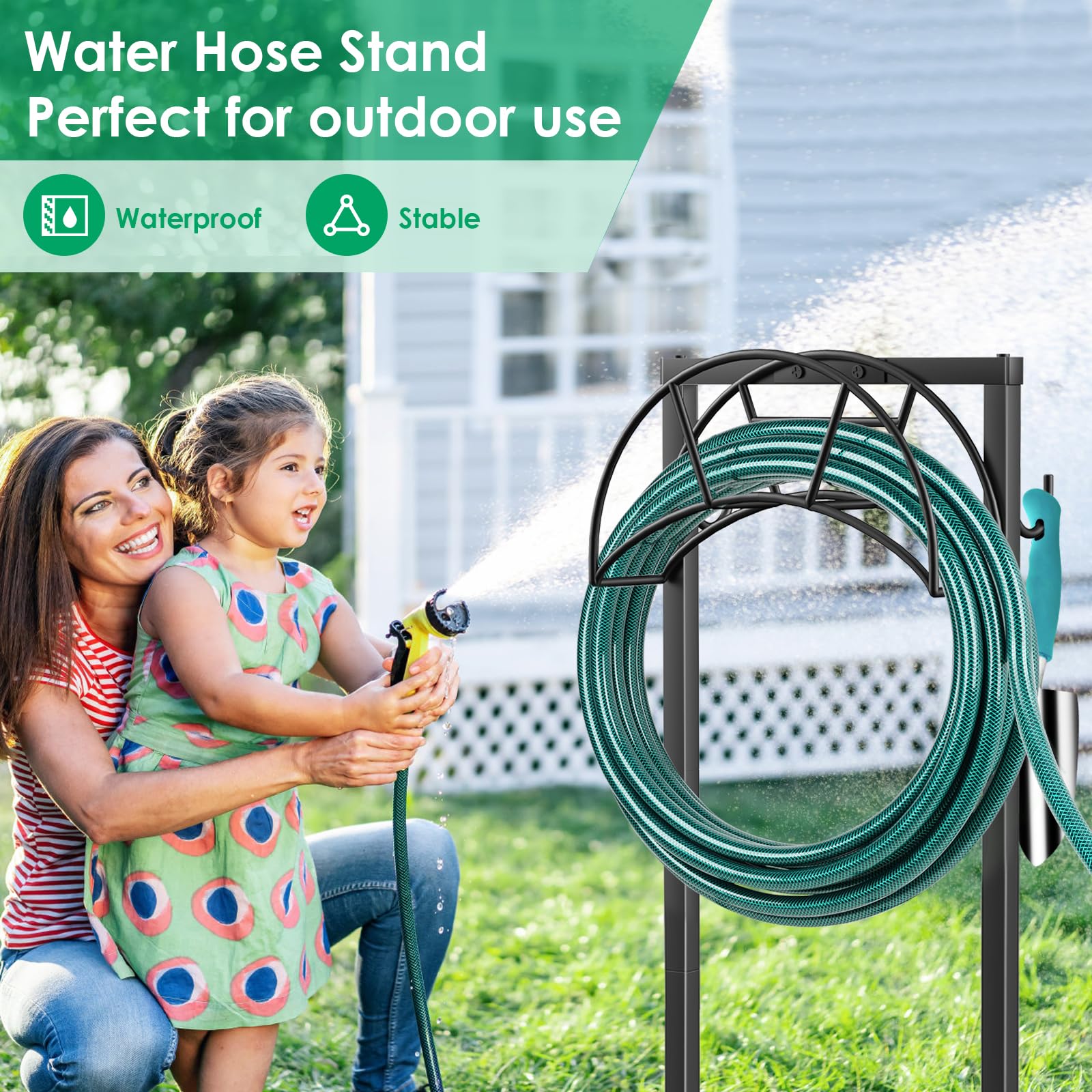 TomCare Garden Hose Holder Water Hose Holder 4 Spikes Garden Hose Reel Hose Stand Upgraded Hose Storage with Tool Hooks Garden Hose Hanger Hose Organizer Holds 150ft Hose for Outside Yard Lawn, Black