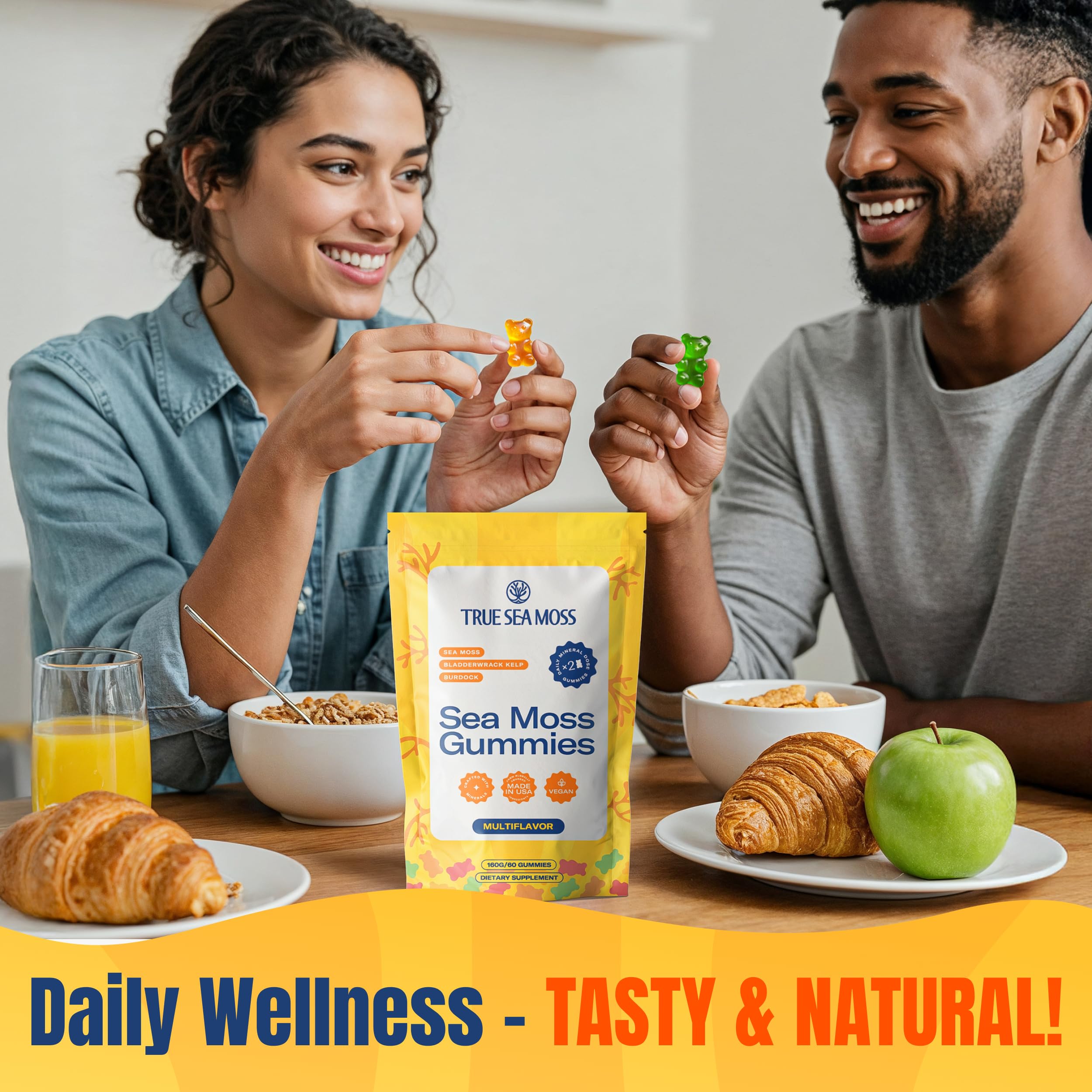 TrueSeaMoss Sea Moss Gummies with Bladderwrack, Burdock Root – Vegan Supplement Sea Vegetables for Adults & Kids – Plant-Based, Fruity Flavor – 60 Gummies Sea, Made in USA - (Pauch May Vary)