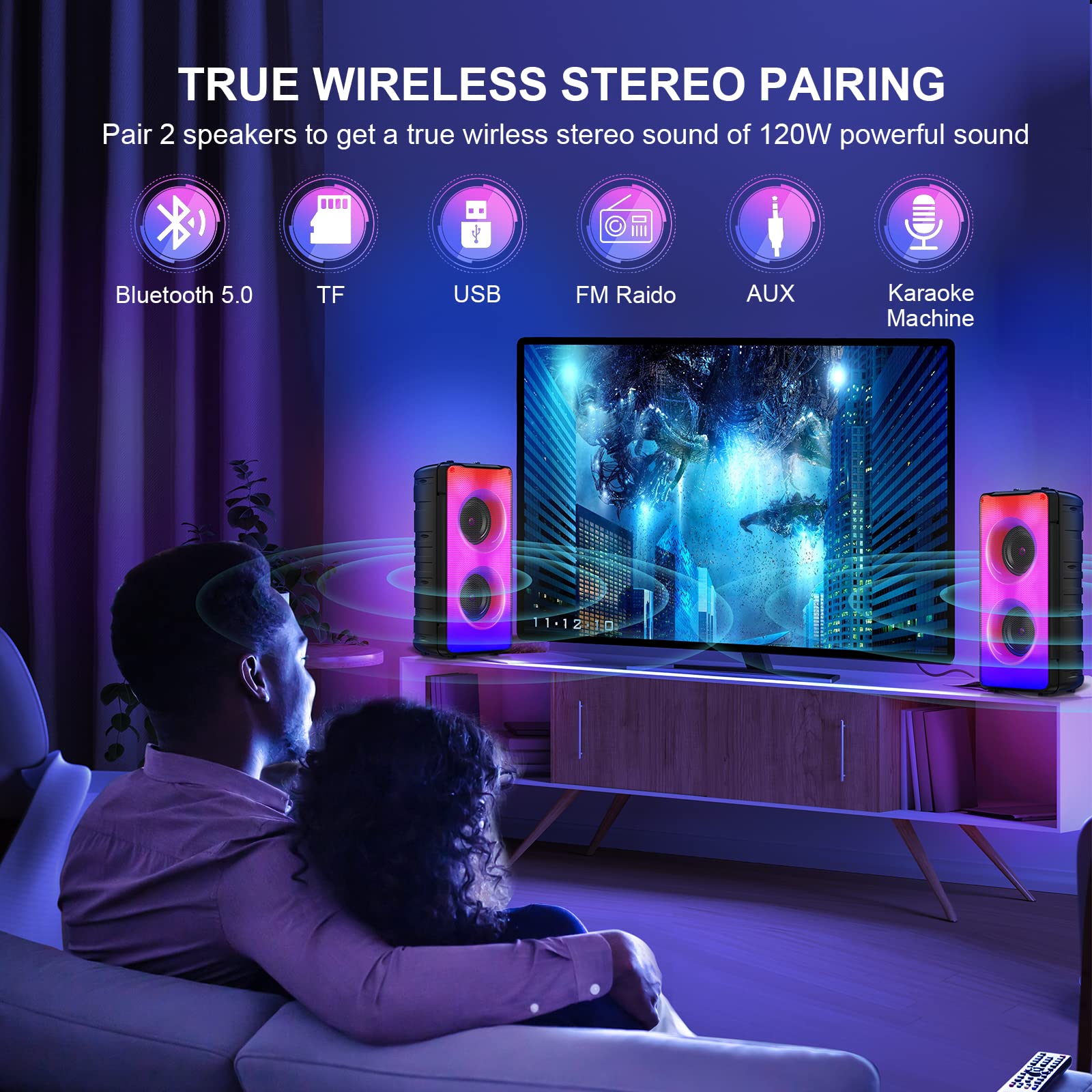 Bluetooth Speakers, 60W(80W Peak) Portable Loud Wireless Stereo Speaker with Rich Bass, Bluetooth 5.0, FM Radio, Colorful Light, TWS Pairing, EQ, 10000mAh Battery, Outdoor Speaker for Home Party Gift