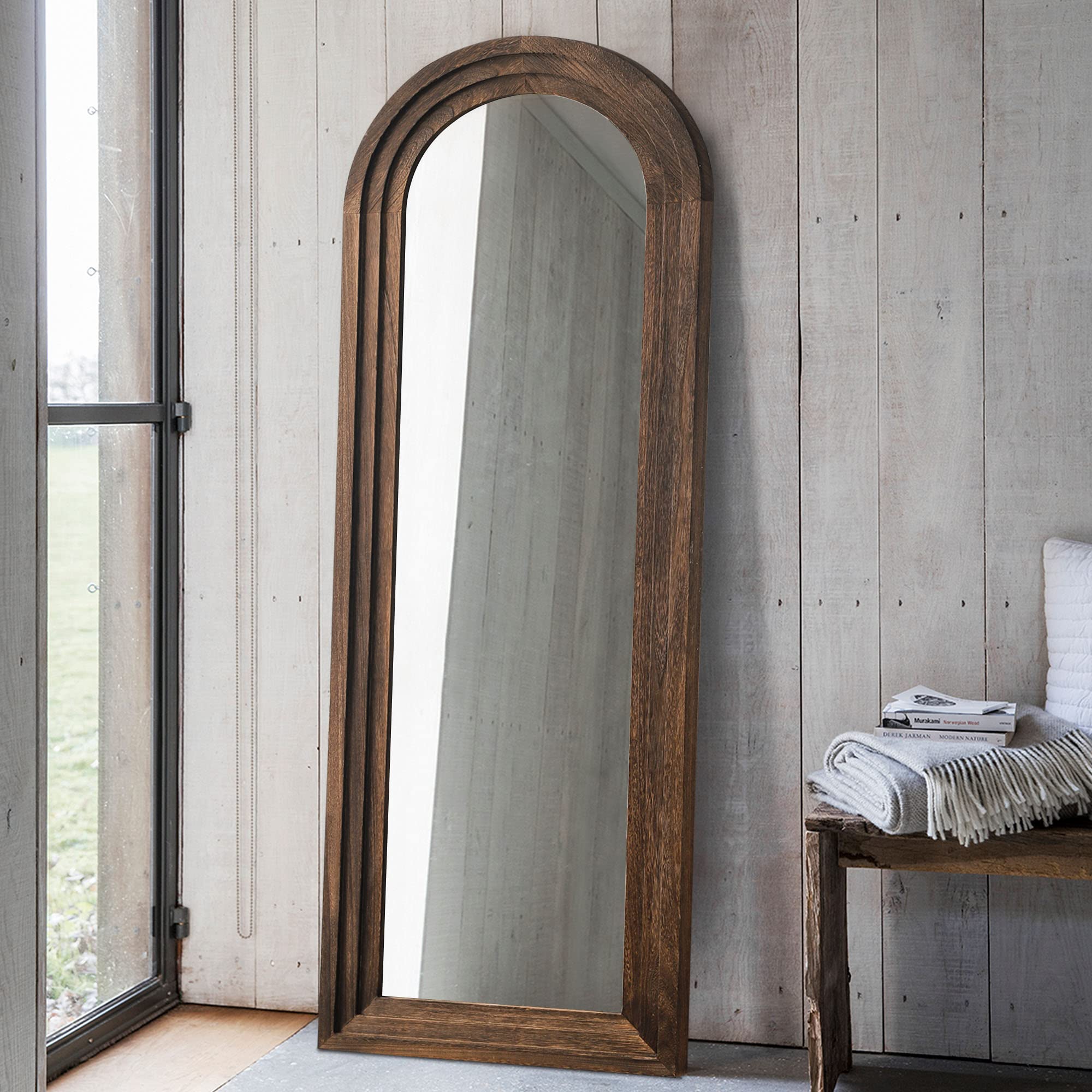 MAYEERTY Rustic Full Length Mirror Arched 65"x22" Wood Wall Full Length Distressed Large Floor Mirror for Bedroom/Bathroom/Living Room/Farmhouse, Arch Coffee