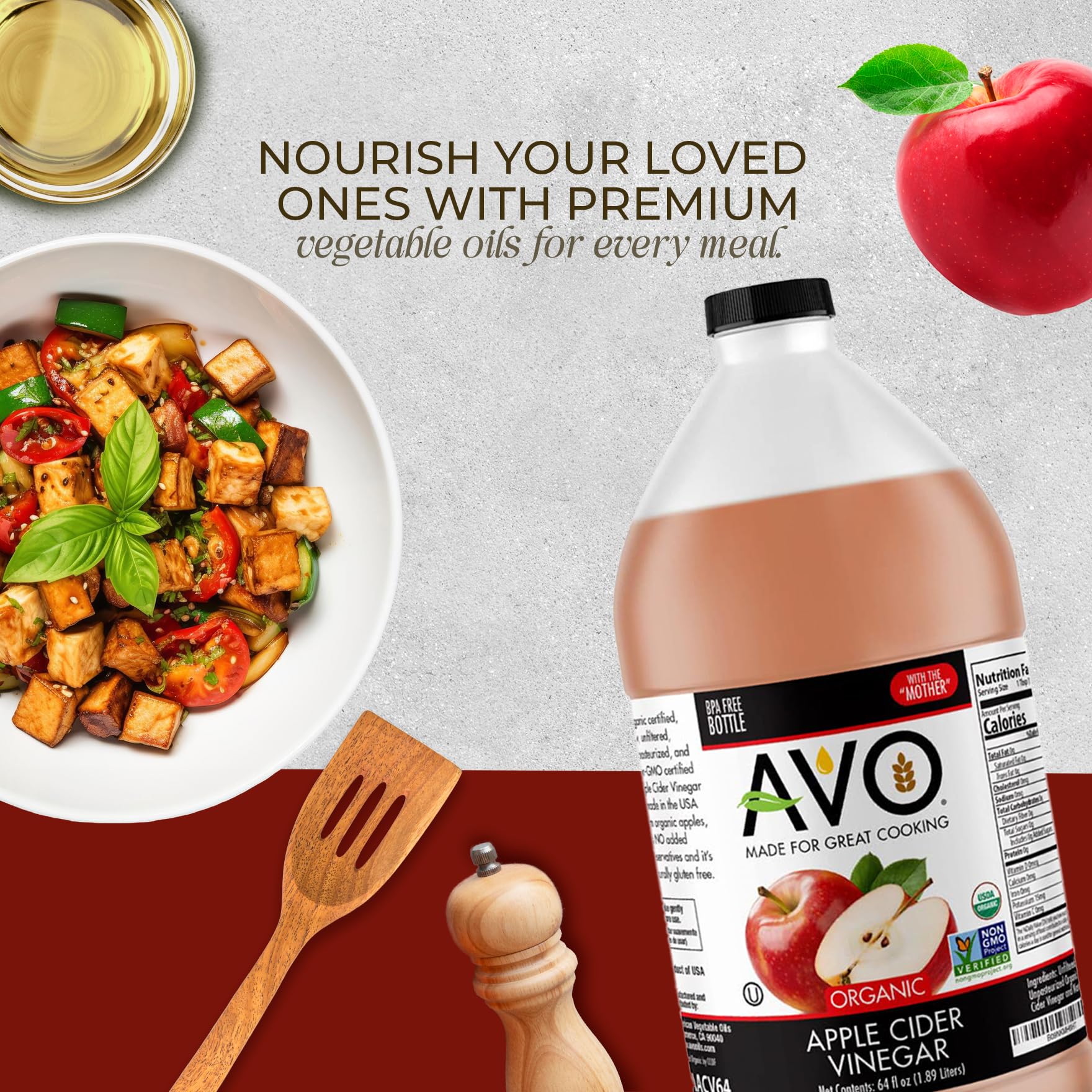 AVO Naturally Processed ORGANIC NON-GMO Apple Cider Vinegar with the Mother – Raw, Unfiltered, Unpasteurized All Natural Ingredients (64 oz)