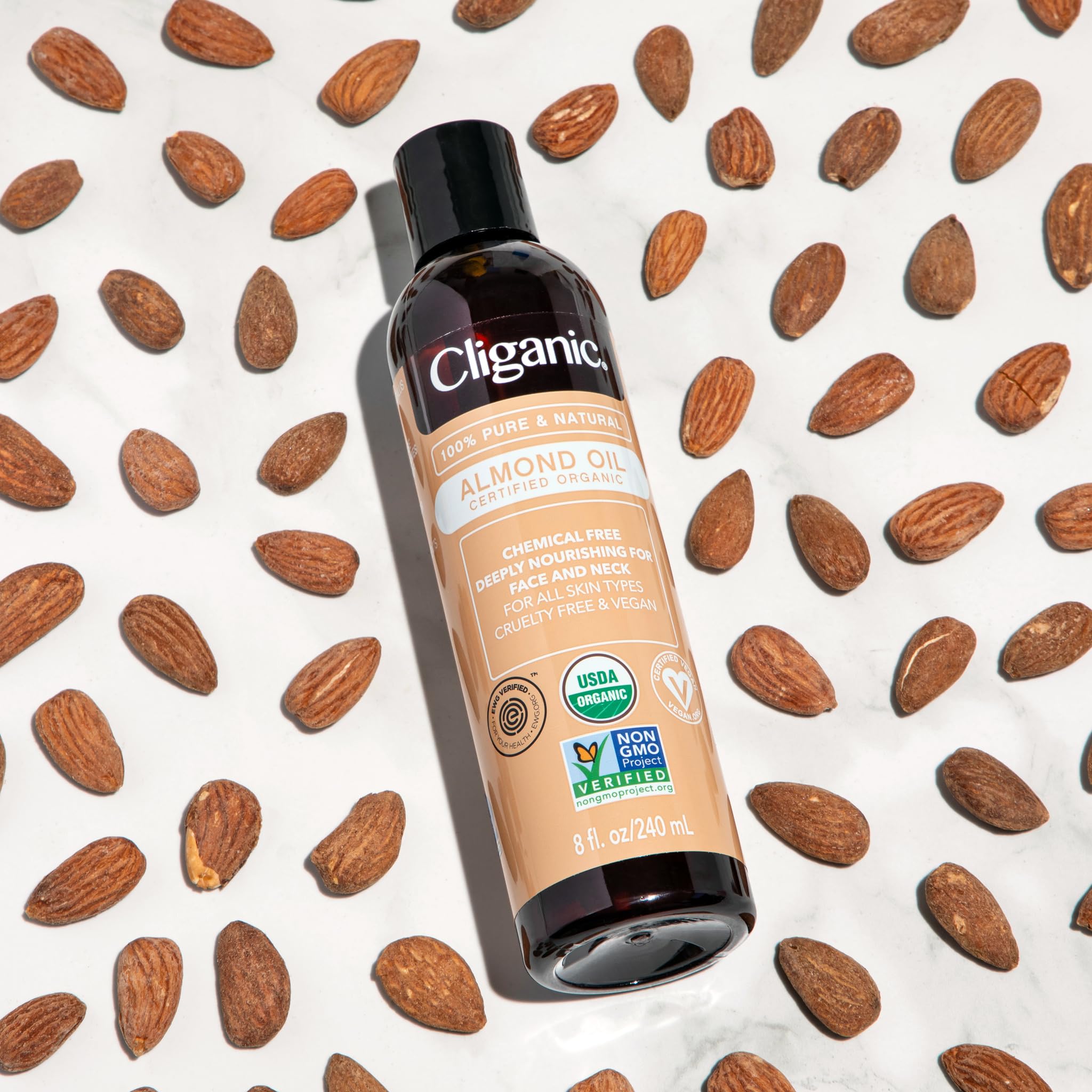 Cliganic Organic Sweet Almond Oil, 100% Pure (8oz) - for Skin & Hair, Nourishing Carrier Oil for Face & Body