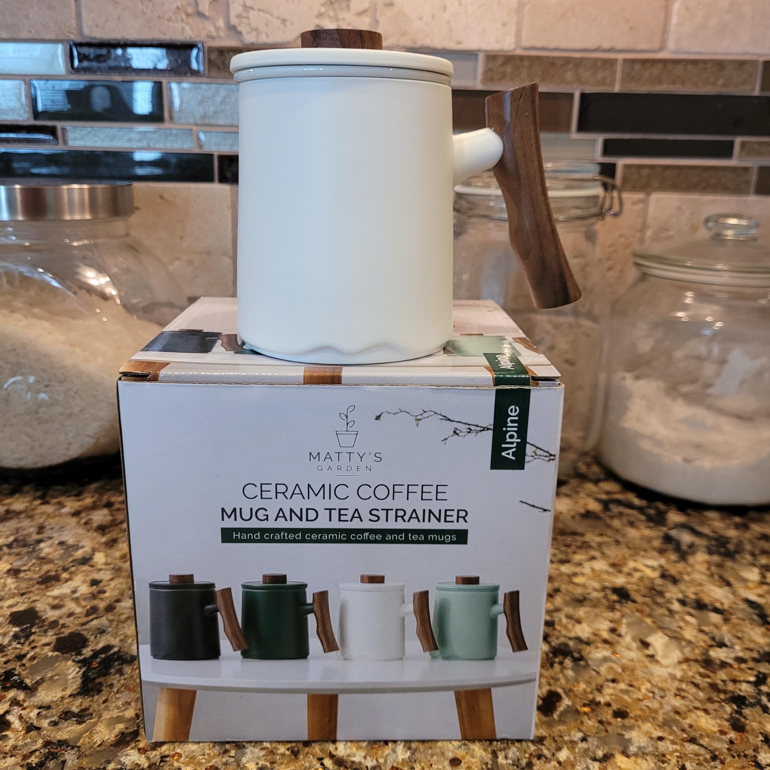 Matty's Garden White Ceramic Coffee Mug and Tea infuser - 12 oz with lid and steeper and wooden handle