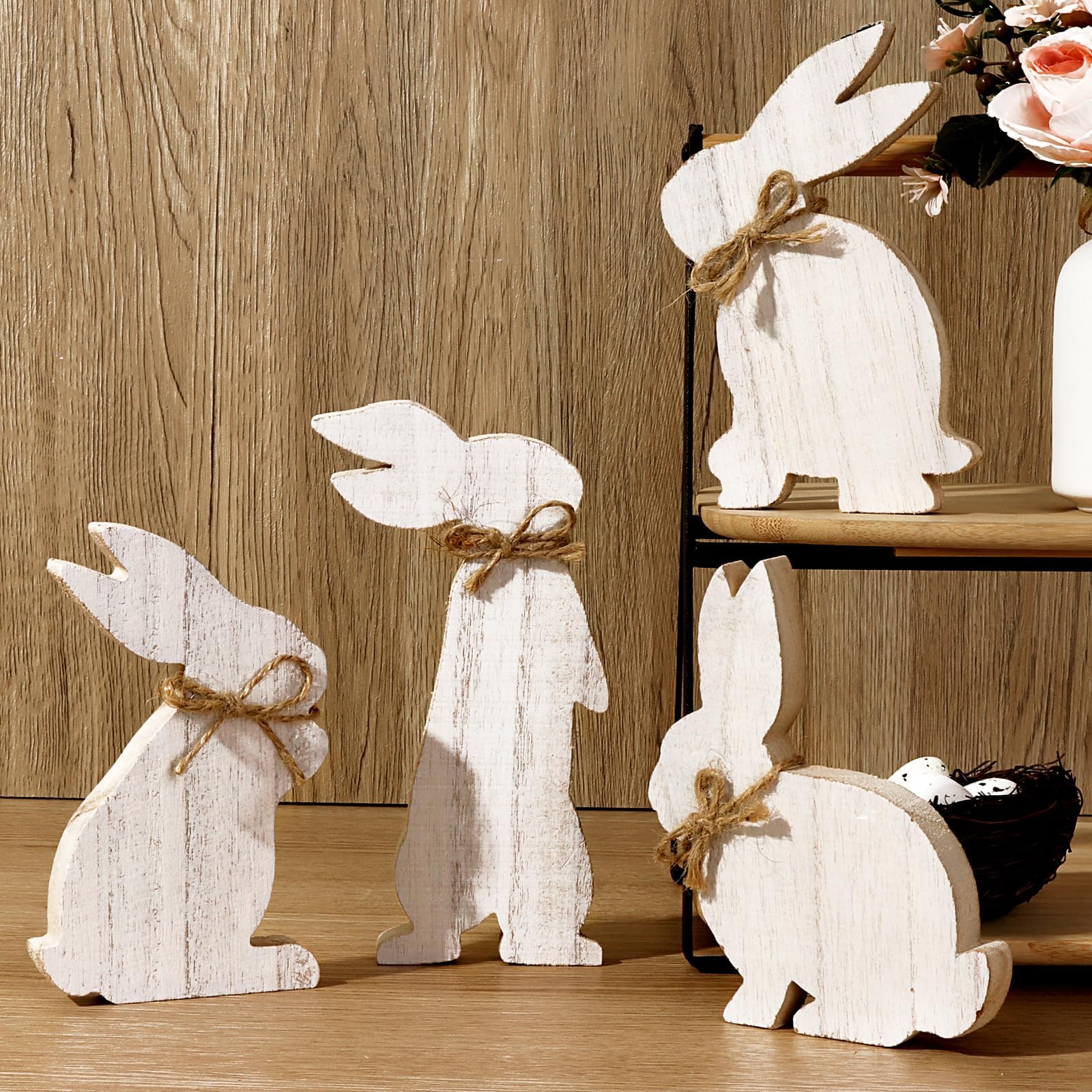 Treory 4 pcs Easter Bunny Natural Wooden Table Signs: Rustic Freestanding Tiered Tray Decor for Home, Farmhouse, Easter Gifts