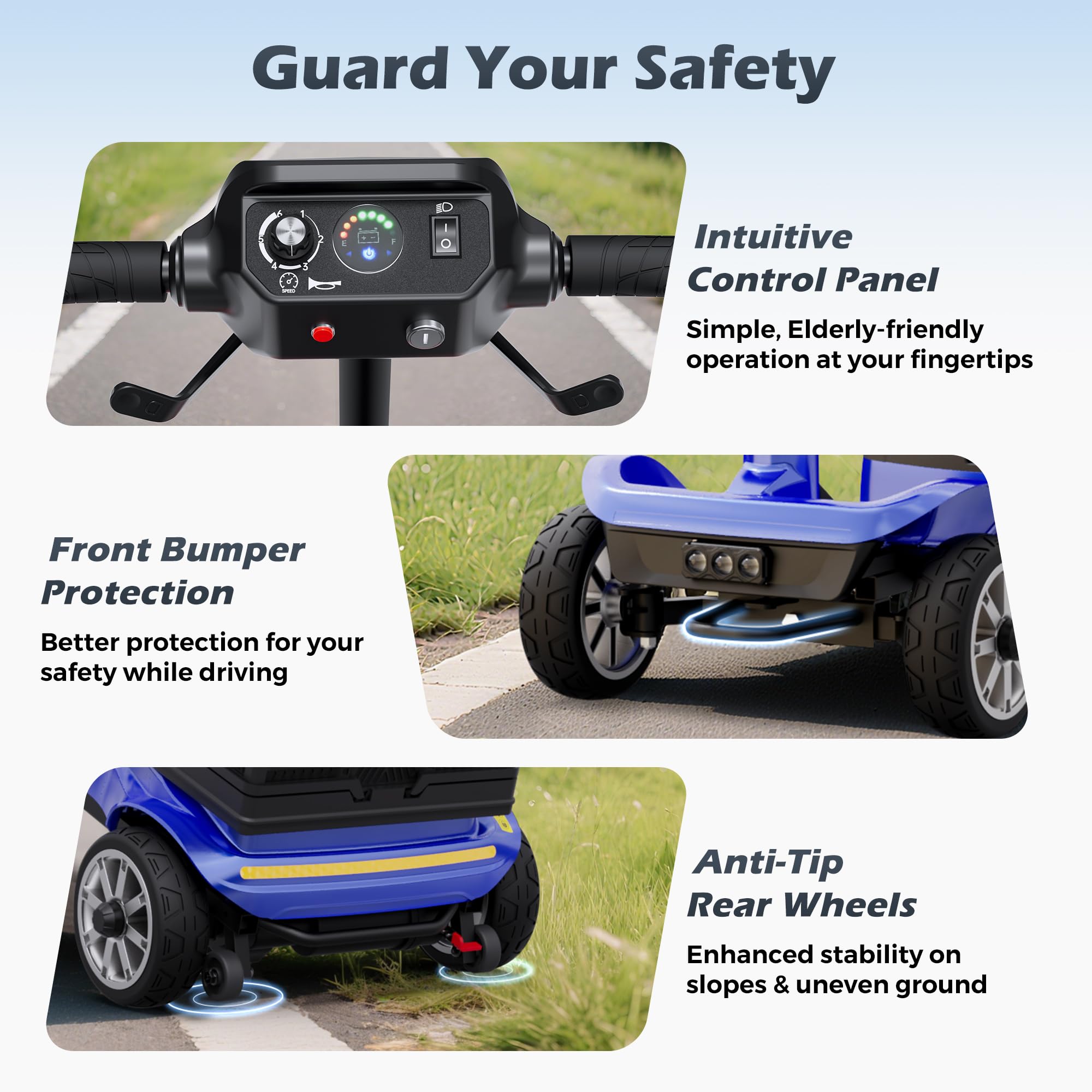 Foldable 4-Wheel Mobility Scooter for Adults – Portable Motorized Scooter with 330 lbs Capacity, Detachable Battery, Dual Baskets, Cup & Phone Holder, Blue