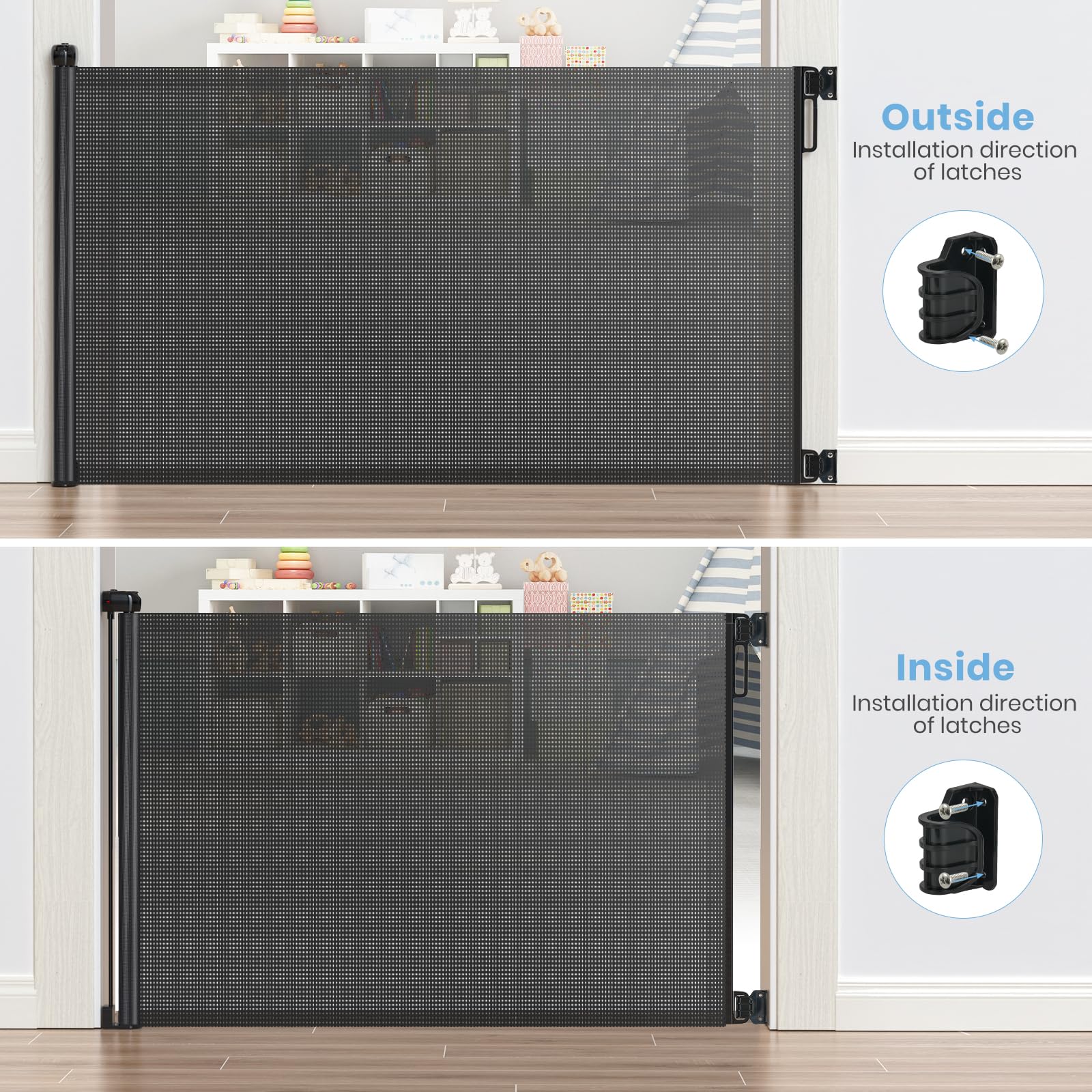 HAMOPY Retractable Baby Gates, 33" Tall, Extends up to 72" Baby Gates Extra Wide, Mesh Gate for Kids or Pets with Alarm, Durable Child Safety Gate for Doorways, Hallways, Stairs, Indoor/Outdoor(Black)