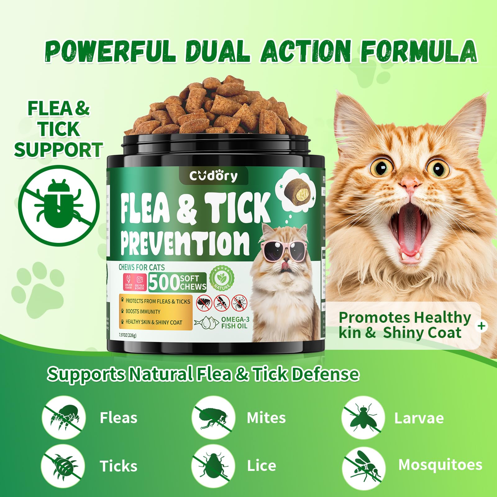 Flea and Tick Chews for Cats - Natural Flea Tick Support for Cat All Breeds & Ages - Nourishes Skin & Coat Health - Energy Support