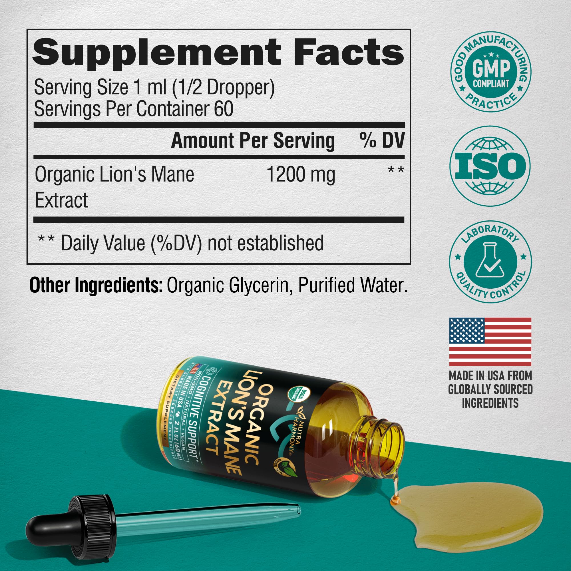 Lions Mane Liquid - USDA Certified Organic Lions Mane Supplement - Brain Support, Energy, Memory & Focus - Sugar & Alcohol-Free Lion's Mane Mushroom Extract 72,000 mg / Bottle, 2 Fl OZ, 2 Month Supply