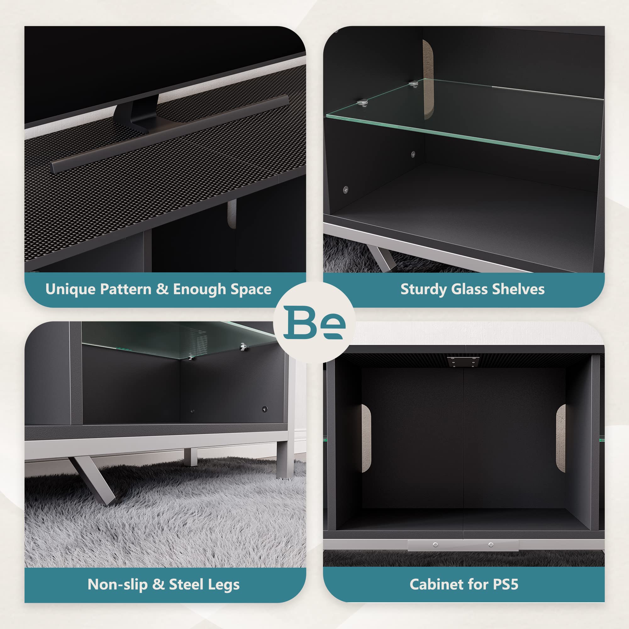 Bestier TV Stand with LED Light for 75 inch TV, Modern Gaming Entertainment Center with Detachable Glass Shelves for PS5 Black Carbon Fiber