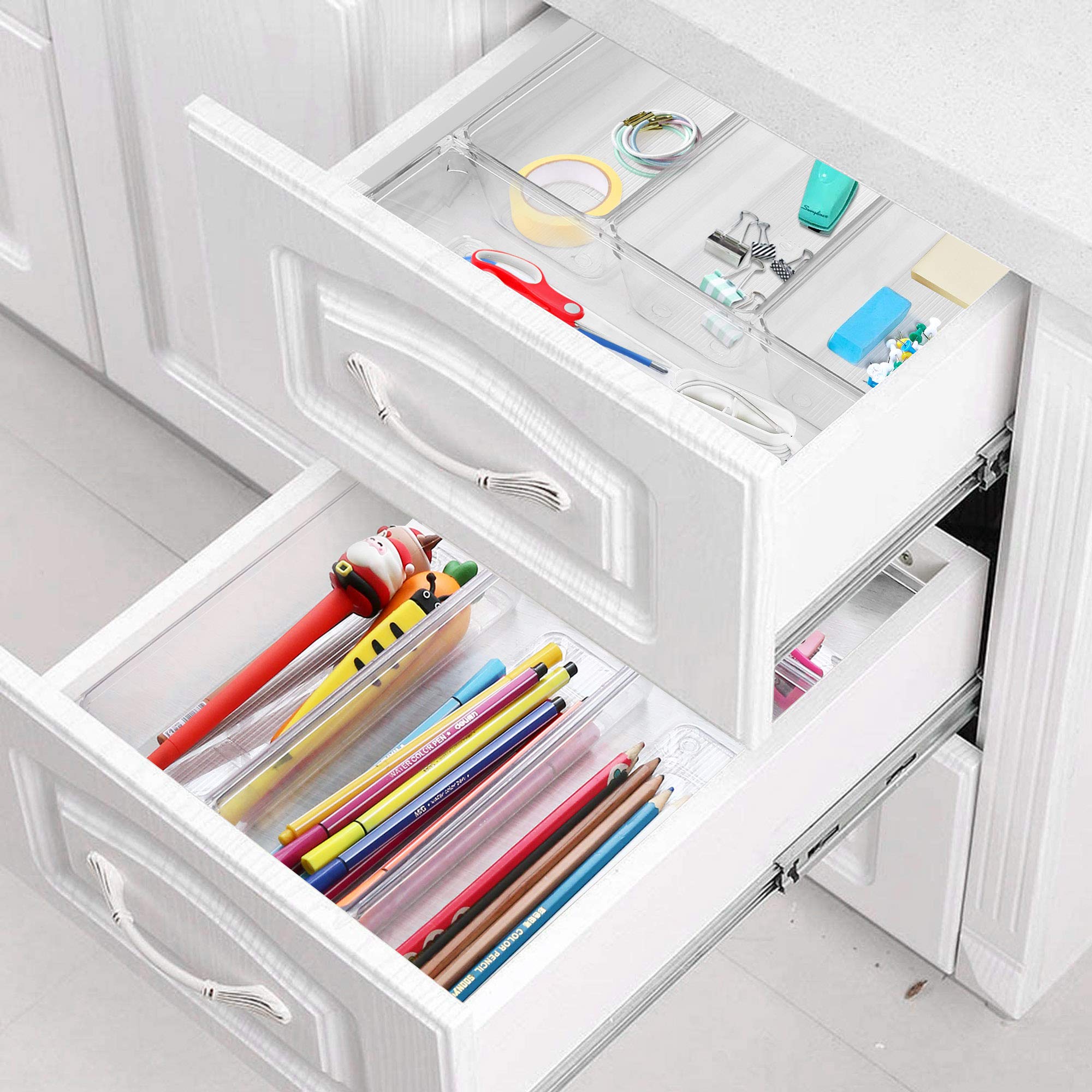 LotFancy 8 Pack Clear Plastic Drawer Organizers, Food Grade Storage Trays, Non-Slip Storage Bins for Kitchen Utensil, Silverware Cutlery, Bathroom, Office Desk, Makeup, Jewelry, 9.2''×3''×2''