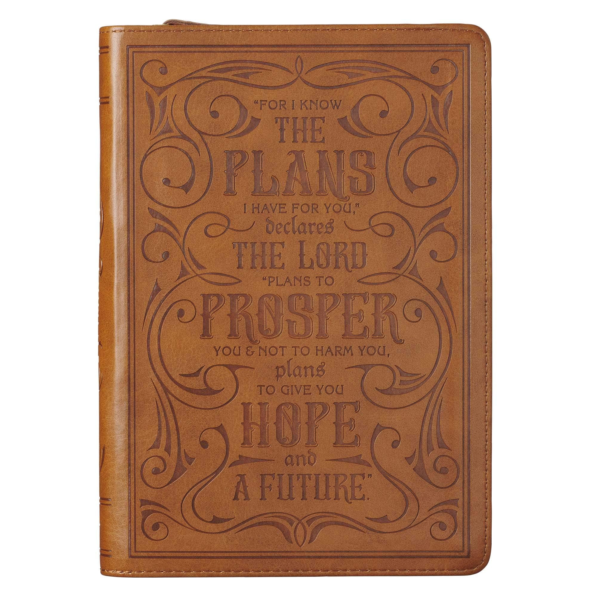 Classic Faux Leather Journal For I Know The Plans Jeremiah 29:11 Bible Verse Bible Verse Brown Inspirational Notebook, Lined Pages w/Scripture, Ribbon Marker, Zipper Closure