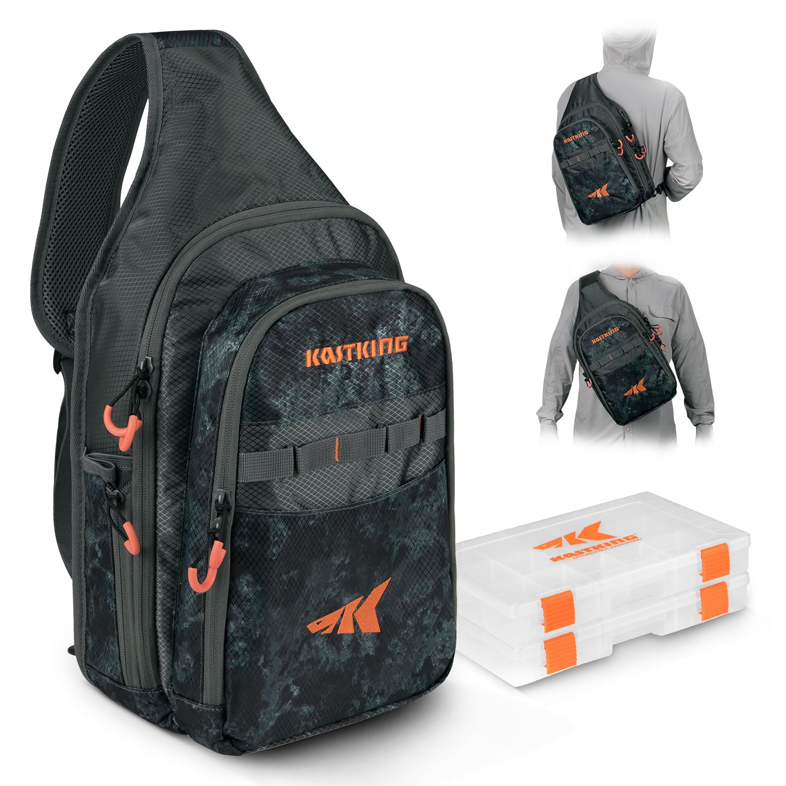 KastKing Pond Hopper Fishing Sling Tackle Storage Bag with (2) Tackle Boxes–Lightweight Sling Fishing Backpack-Sling Tool Bag for Fishing Hiking Hunting Camping,17.7X 12.6X 6 Inches,