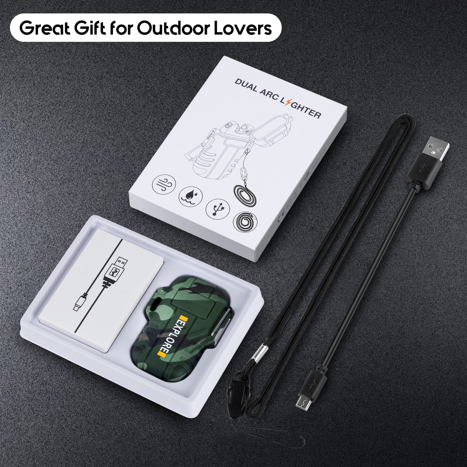 LcFun Waterproof Lighter Outdoor Windproof Lighter Dual Arc Lighter Electric Lighters USB Rechargeable Flameless Plasma Cool Lighters for Camping, Hiking, Adventure, Survival Tactical Gear