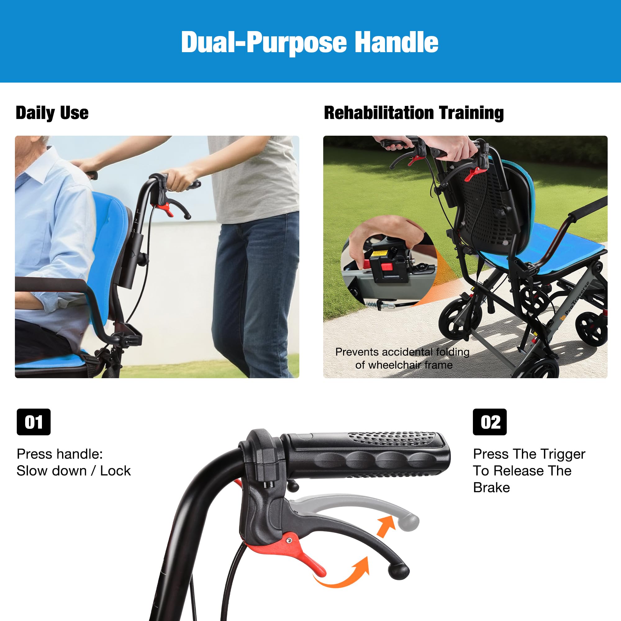 ProTraverse Wheelchairs for Adults,Transport Wheelchair Lightweight Foldable with Removable Cushion,Transport Chair,Ergonomic Travel Wheelchair with Telescopic Handle,Gifts for Grandpa,Blue
