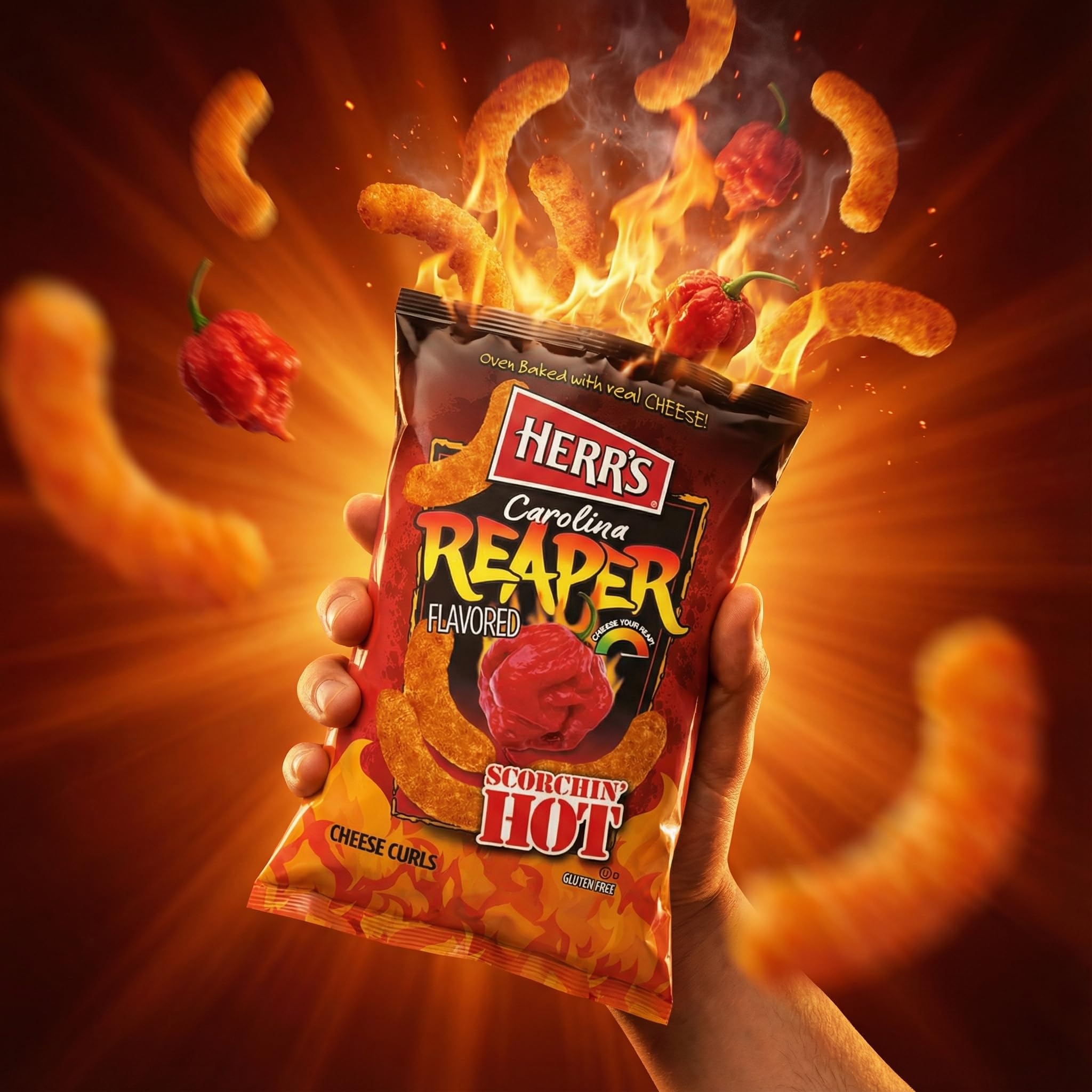 Herr's Snacks - Gluten-Free Spicy Snacks For Adults and Kids - Carolina Reaper Cheese Curls - 6 Ounce (Pack of 6)
