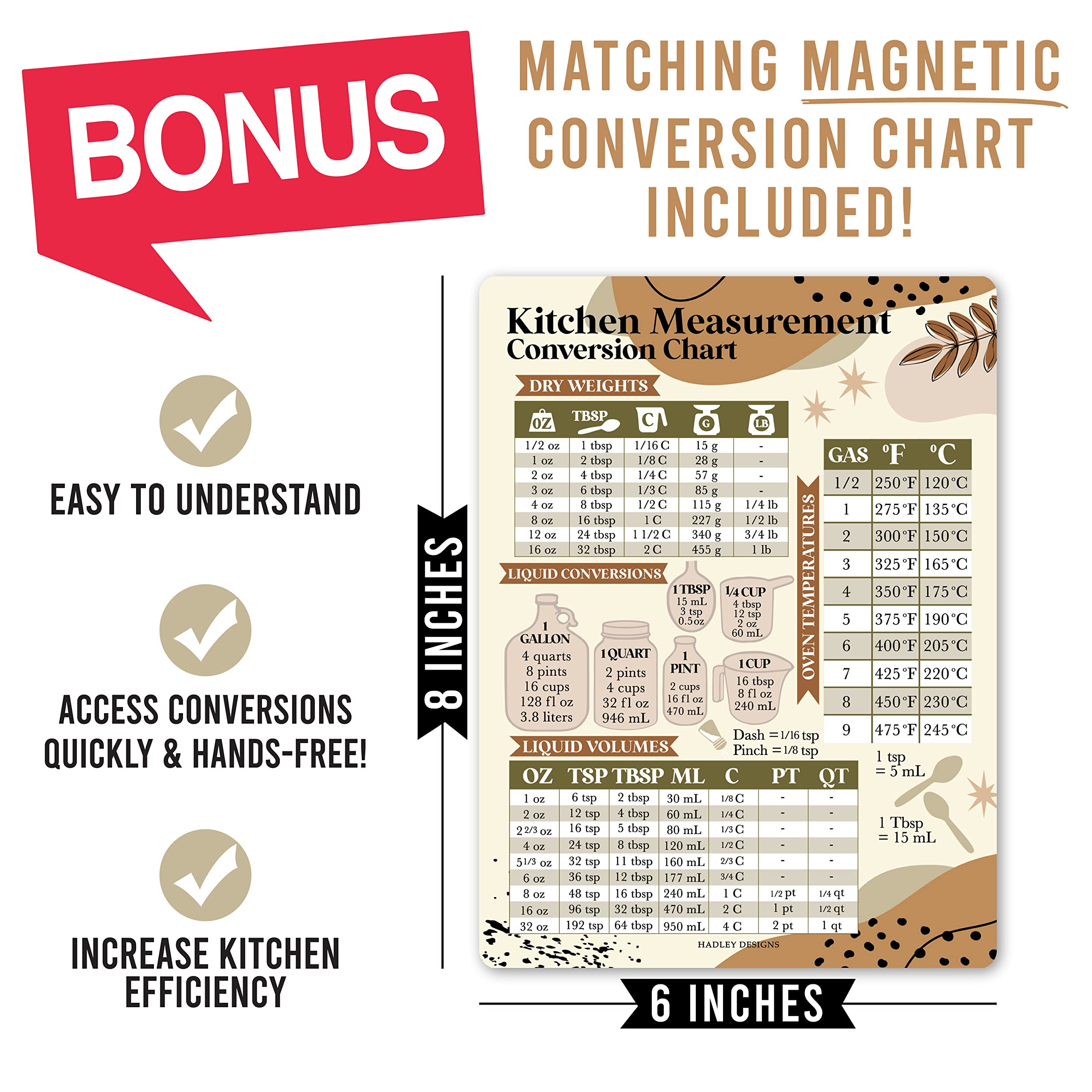 Hadley Designs Boho Magnetic Weekly Meal Planner Dry Erase Board for Refrigerator - Weekly Dinner Menu Board for Kitchen Conversion Chart Magnet, Grocery List Magnet