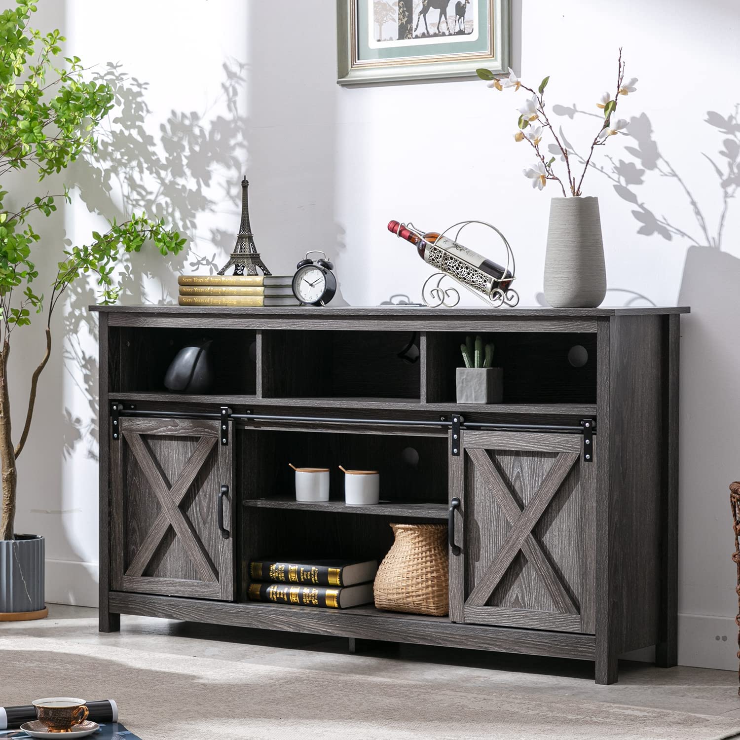 fancyqube Farmhouse Coffee Bar Cabinet, Rustic Sliding Barn Door Storage Cabinet with Power Outlet, Buffet Server Sideboard Cupboard Table for Dining Room Entryway Kitchen (Wash Grey)