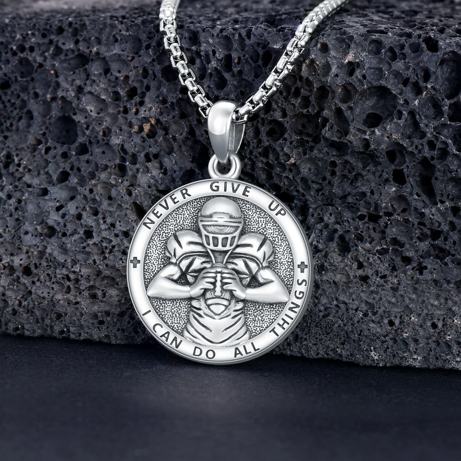 PROESS Football Necklace for Men Football Lovers Fans Sterling Silver Never Give Up Sports Necklace Football Gifts for Birthday Christmas