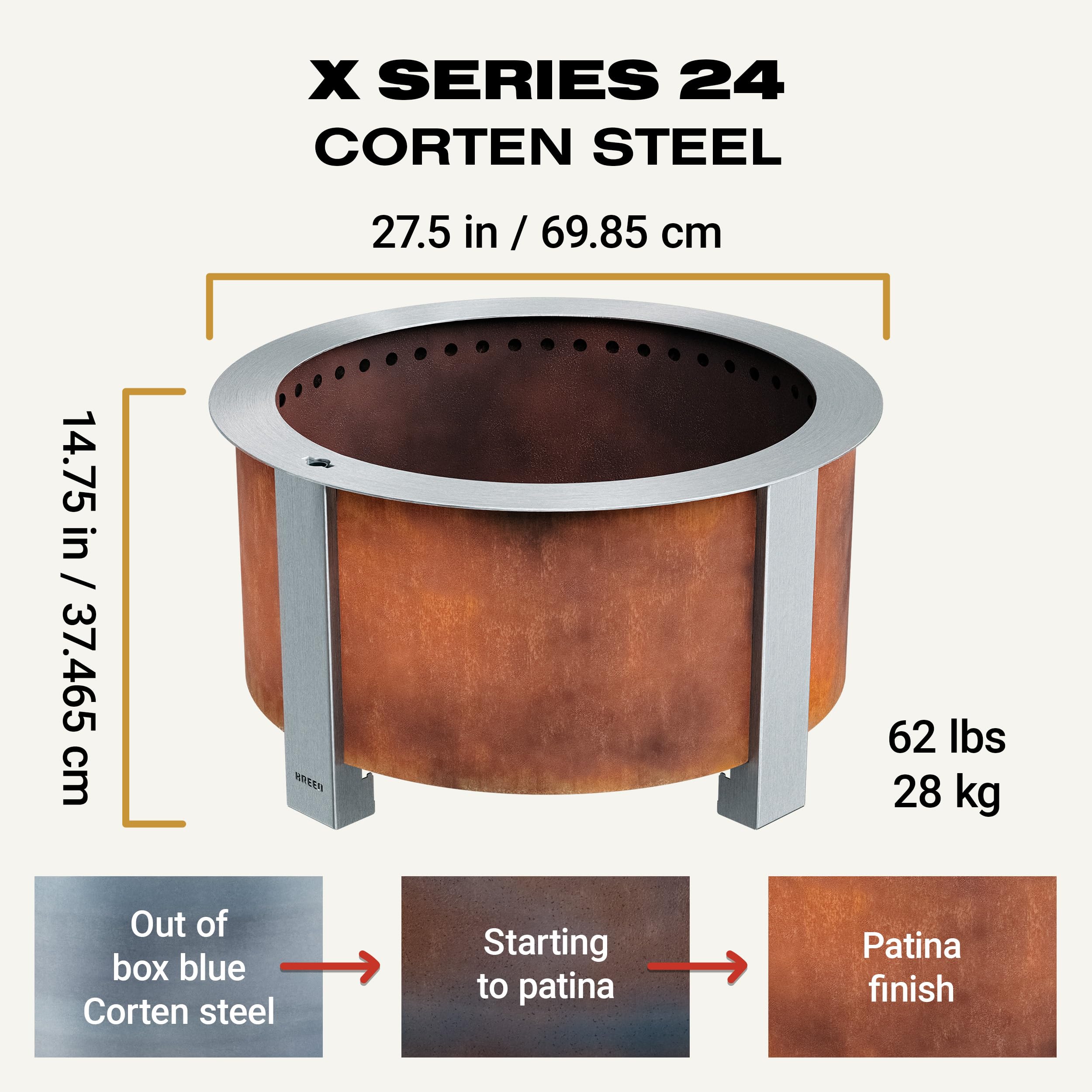 Breeo Smokeless Fire Pit (X Series 24, Corten Steel) | 27.5 inch Smokeless Firepit for Outside | 62 Pounds | Ideal for Families, Gifts for Dad | Compatible with Wide Range of Breeo Accessories